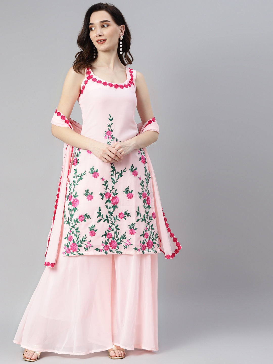 

SHADES OF FAASHION Ethnic Motifs Chikankari Kurta with Palazzos With Dupatta, Pink