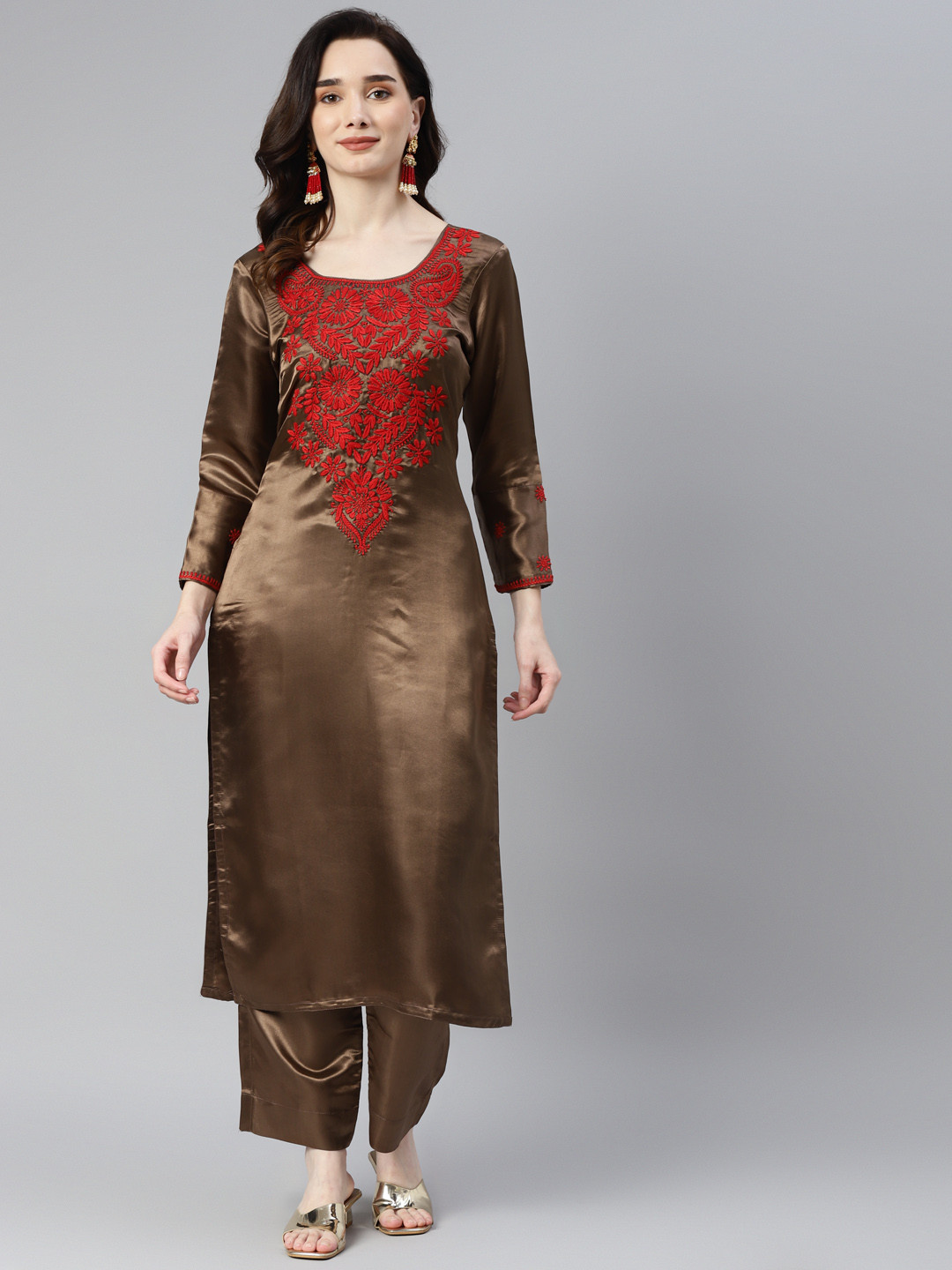 

SHADES OF FAASHION Women Brown Ethnic Motifs Embroidered Chikankari Kurta with Palazzos