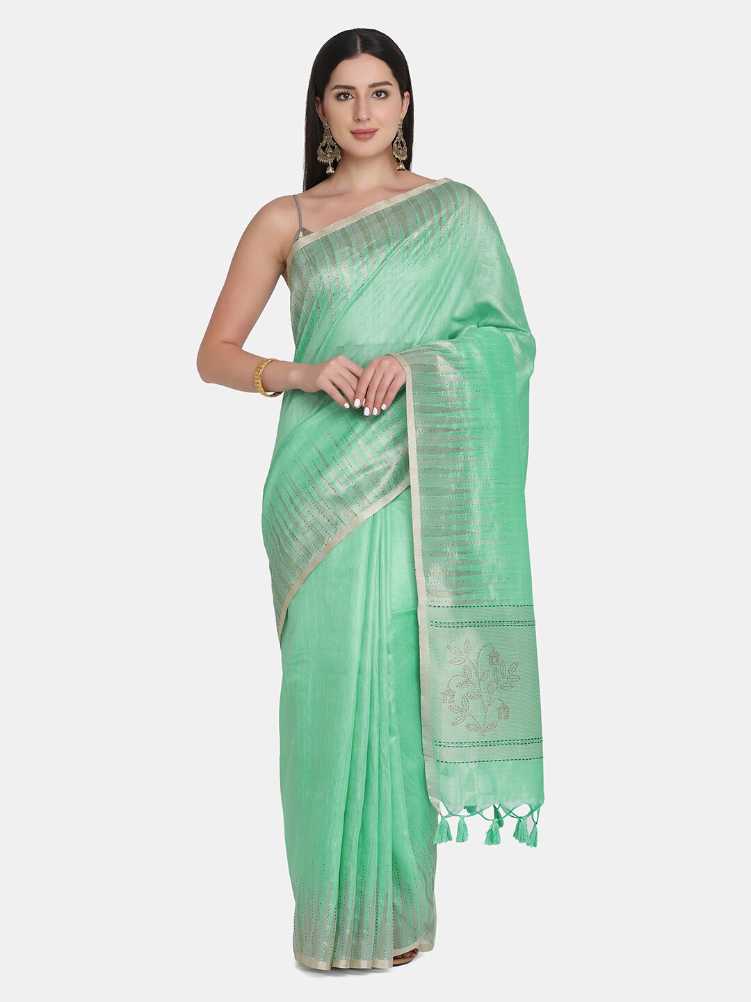 

BOMBAY SELECTIONS Green & Grey Jute Silk Banarasi Saree