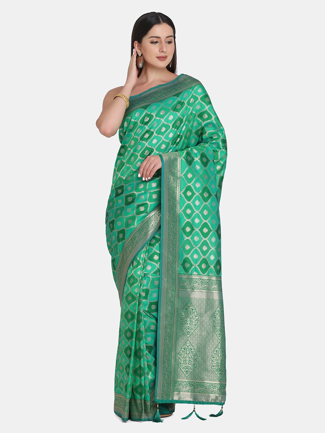 

BOMBAY SELECTIONS Sea Green & Silver-Toned Ethnic Motifs Zari Pure Silk Banarasi Saree