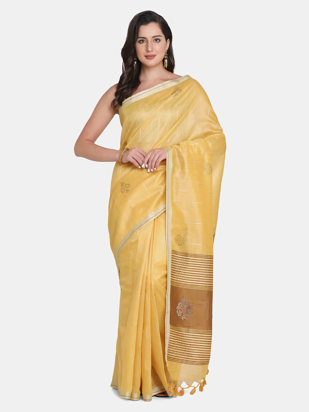 

BOMBAY SELECTIONS Yellow & Gold-Toned Embellished Pure Silk Banarasi Saree
