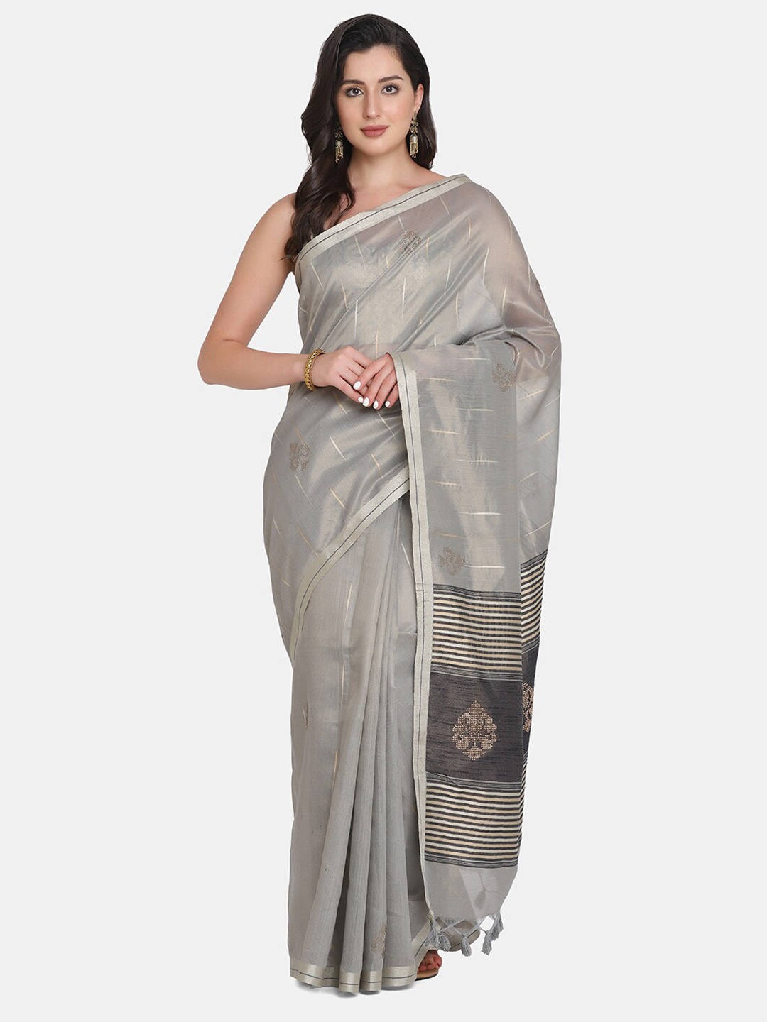 

BOMBAY SELECTIONS Grey & White Jute Silk Banarasi Saree