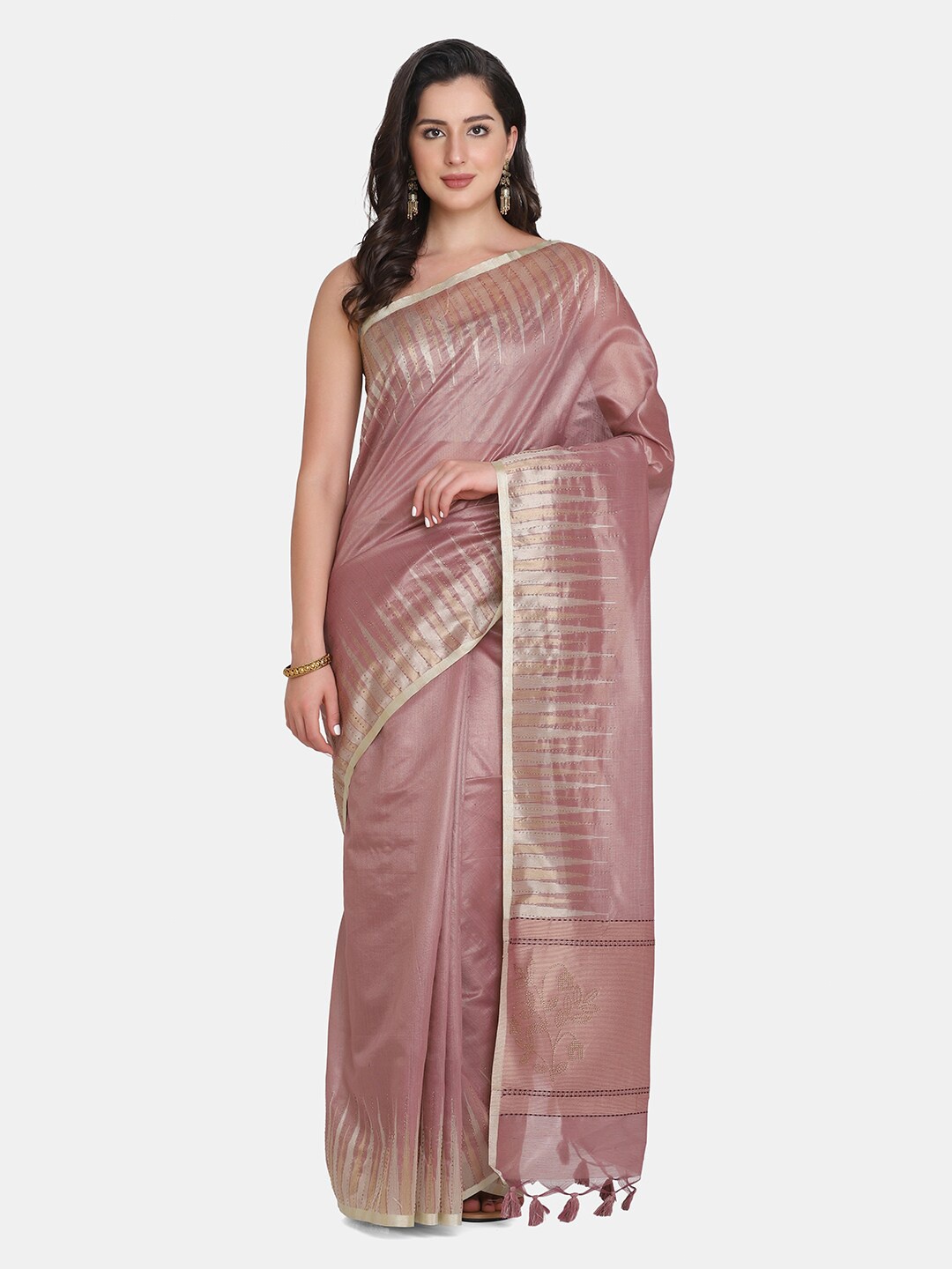 

BOMBAY SELECTIONS Purple & Silver-Toned Woven Design Zari Jute Silk Banarasi Saree