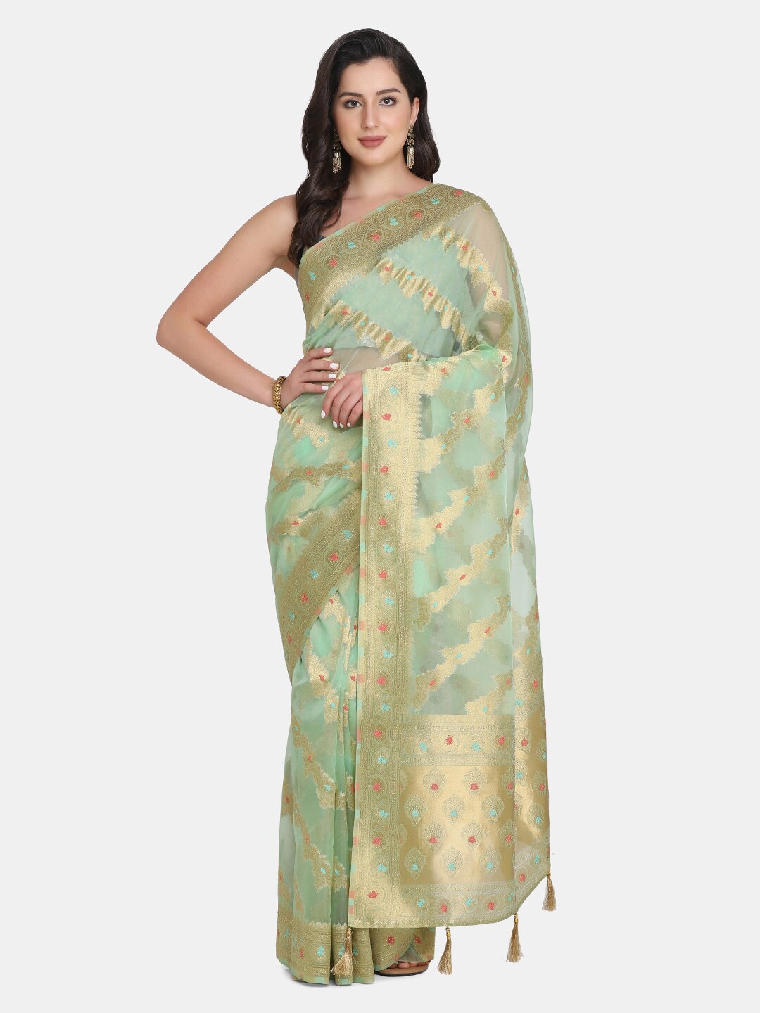 

BOMBAY SELECTIONS Green & Gold-Toned Ethnic Motifs Zari Organza Banarasi Saree
