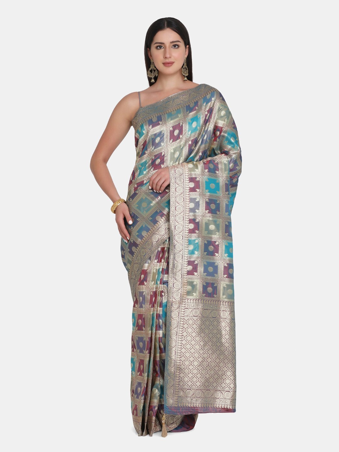 

BOMBAY SELECTIONS Blue & Green Woven Design Zari Pure Silk Banarasi Saree