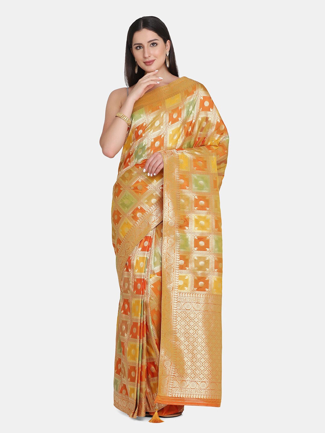 

BOMBAY SELECTIONS Yellow & Green Ethnic Motifs Banarasi Saree