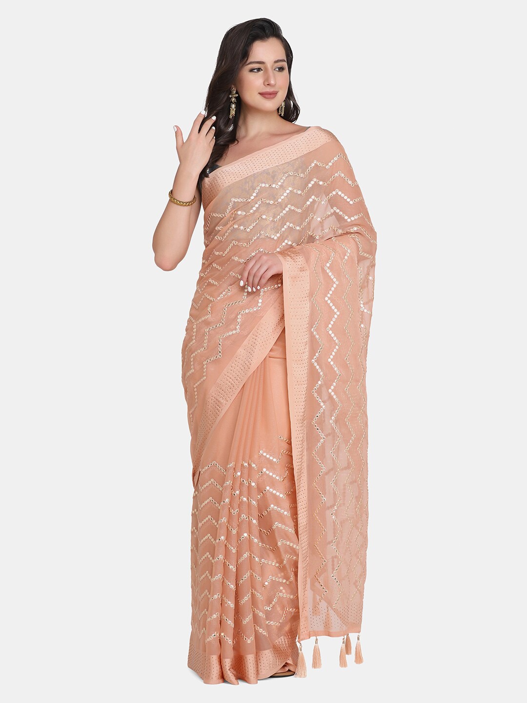 

BOMBAY SELECTIONS Peach-Coloured & Silver-Toned Beads and Stones Saree