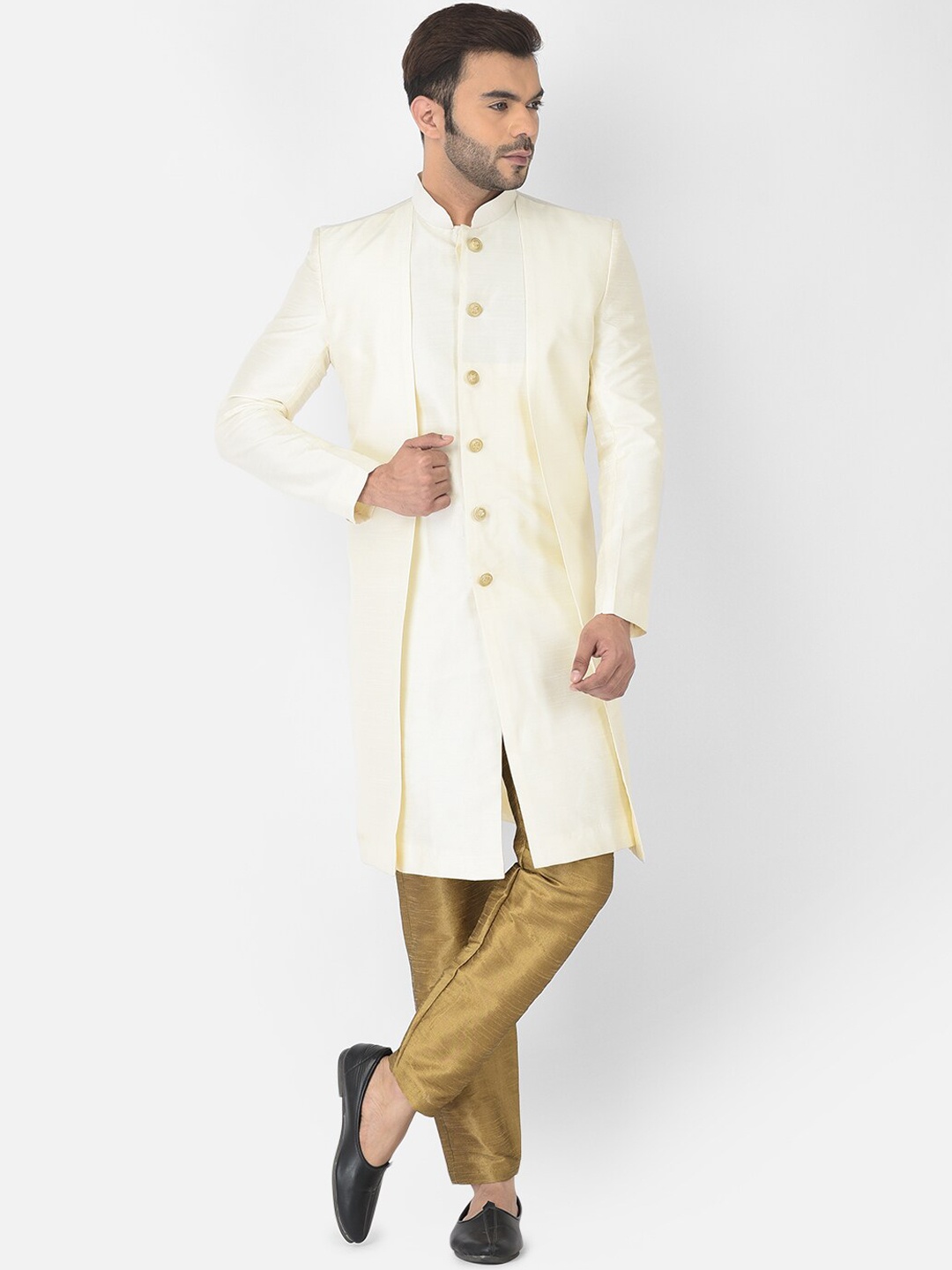

DEYANN Men Off White and Brown Solid Sherwani With Trouser