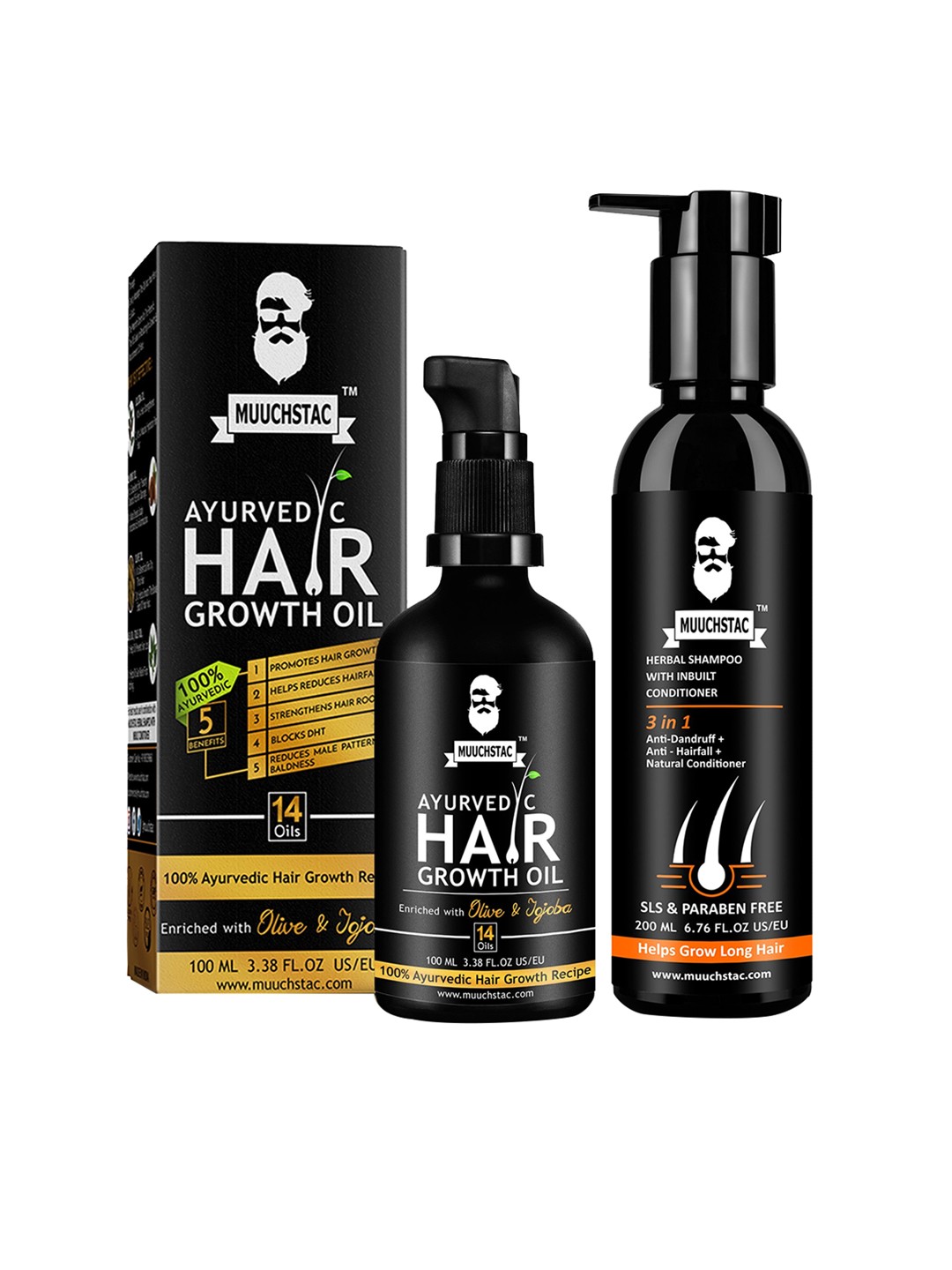 

MUUCHSTAC Set of Hair Growth Oil 100 ml & Herbal Shampoo with Inbuilt Conditioner 200 ml, Black