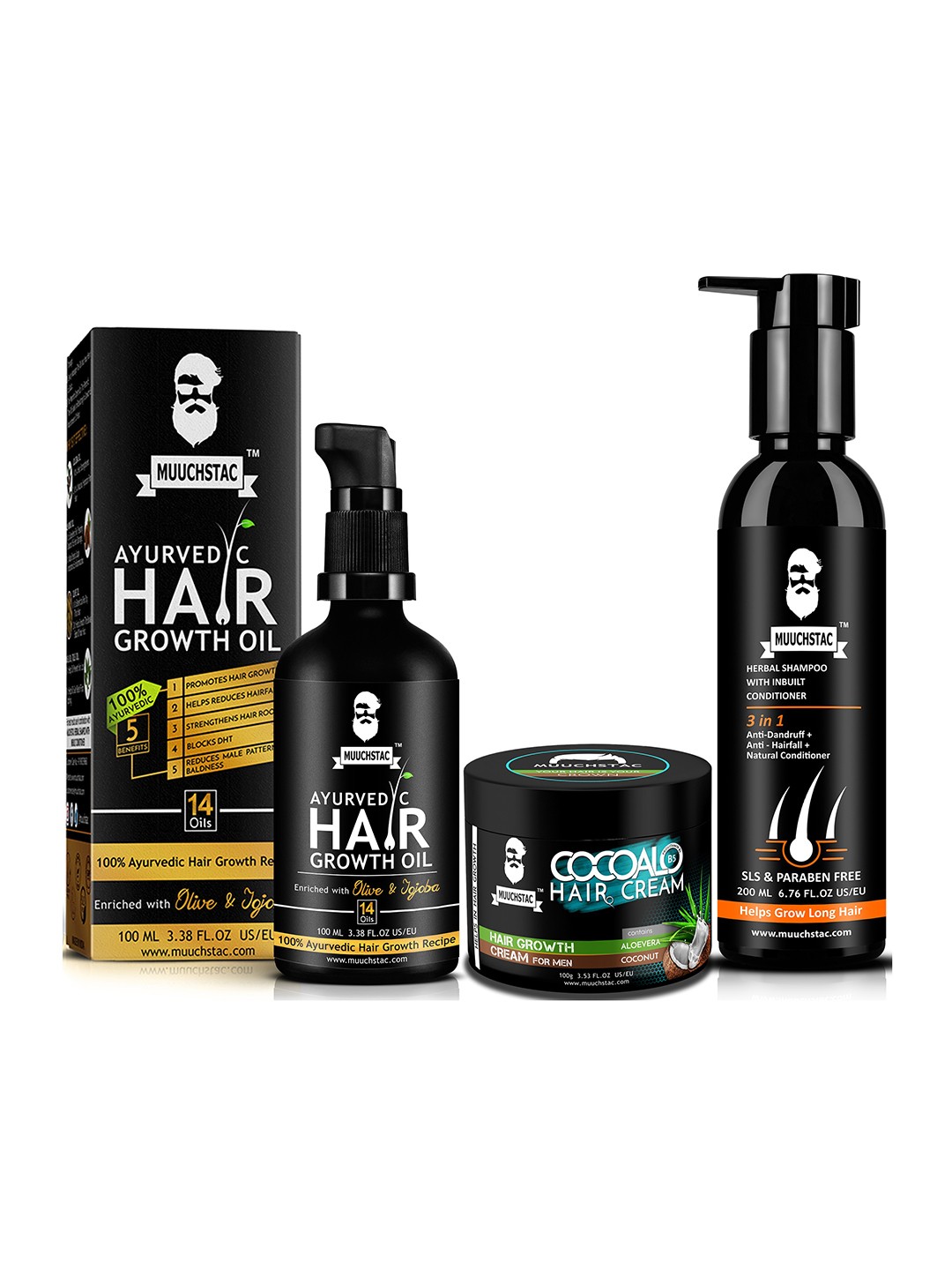 

MUUCHSTAC Men Set of Hair Growth Oil 100ml - Herbal Shampoo 200ml - Hair Cream 100g, Black
