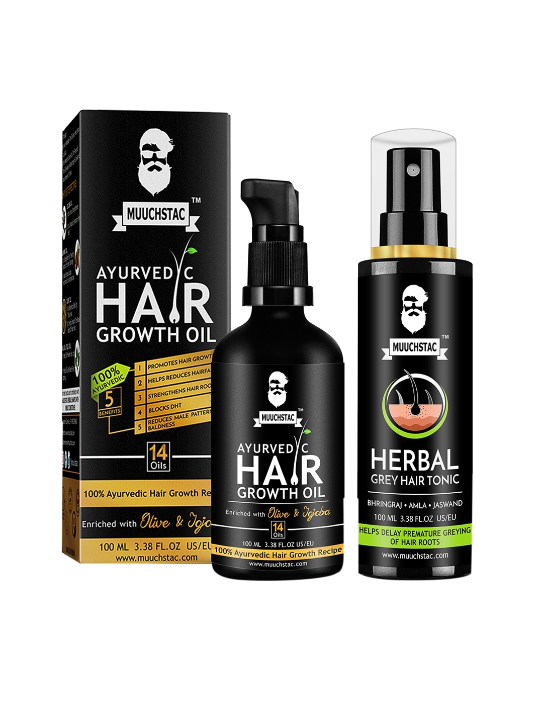 

MUUCHSTAC Men Set of Hair Growth Oil & Herbal Grey Hair Tonic - 100ml each, Black