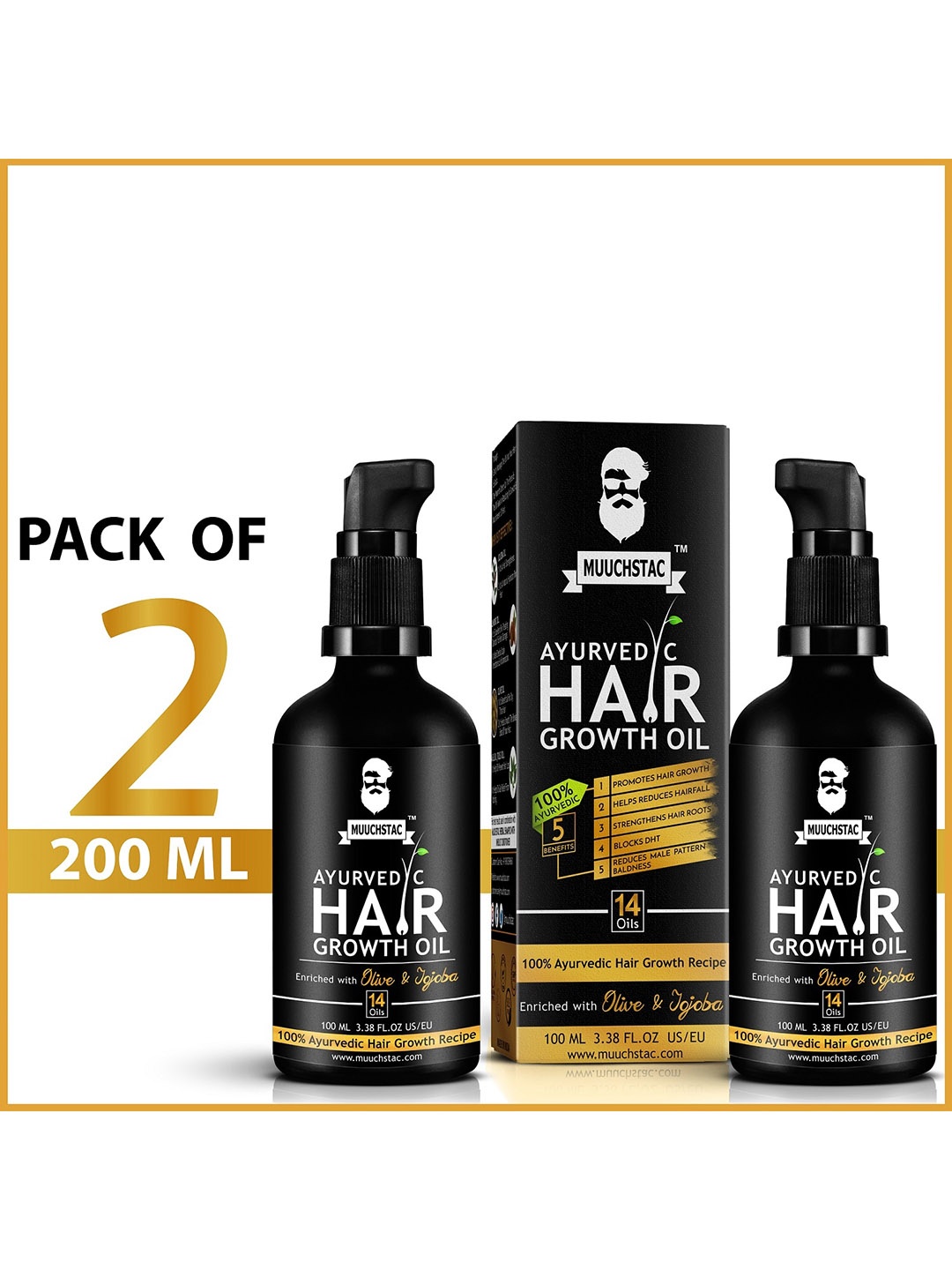 

MUUCHSTAC Set of 2 Ayurvedic Hair Growth Oil with Olive & Jojoba Oil 100 ml each, Black