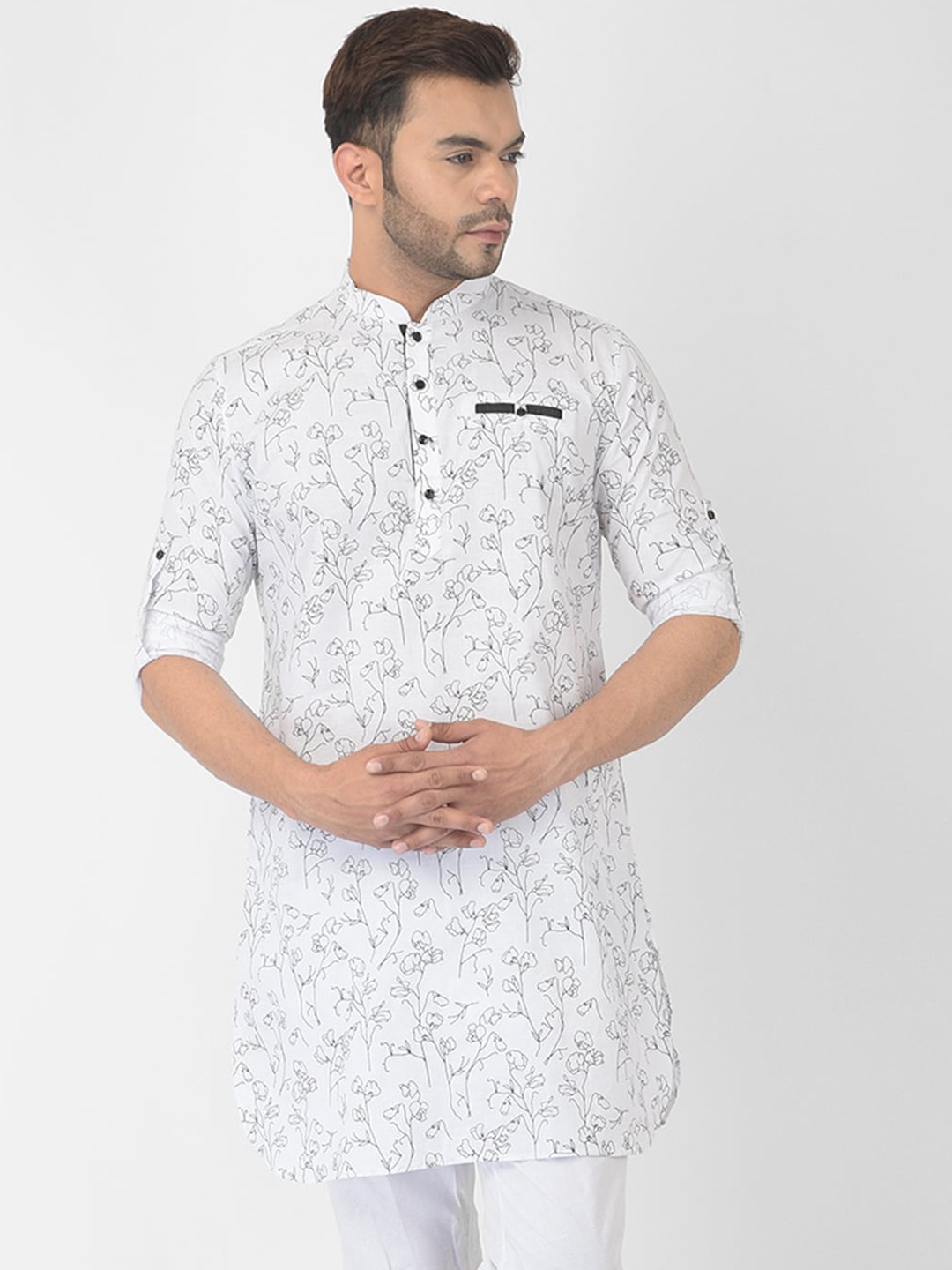 

DEYANN Men White Floral Printed Pathani Kurta
