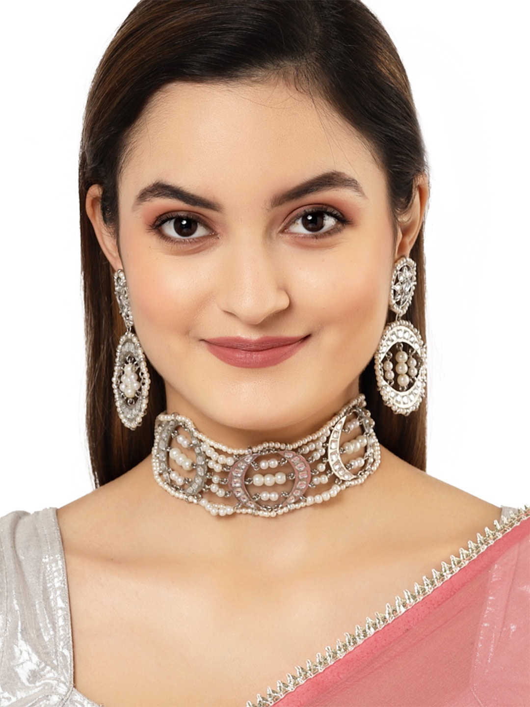 

KARATCART Silver-Plated Oxidised Pearl Studded Jewellery Set