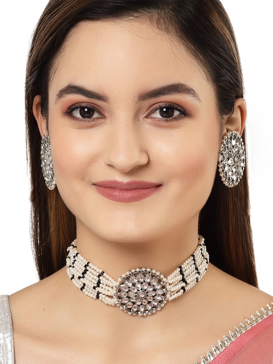 

KARATCART Silver-Plated White & Black Kundan Studded & Beaded Oxidised Jewellery Set