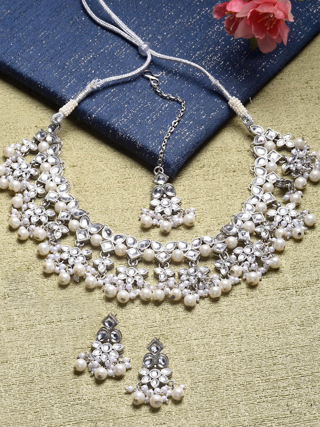 

KARATCART Silver-Plated Oxidised Kundan-Studded & Pearl Beaded Jewellery Set