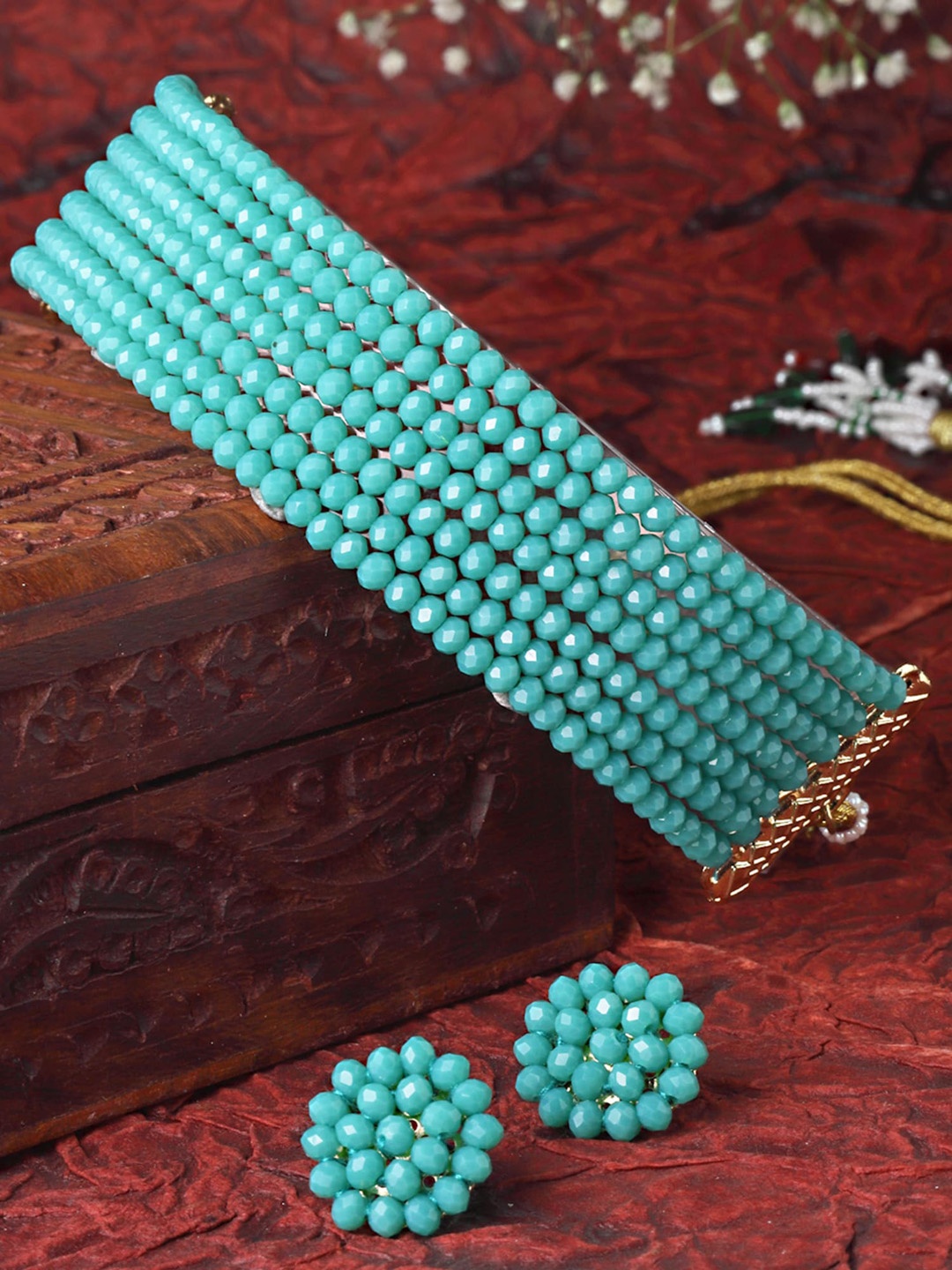 

KARATCART Gold-Plated Turquoise Blue Crystal Studded Jewellery Set