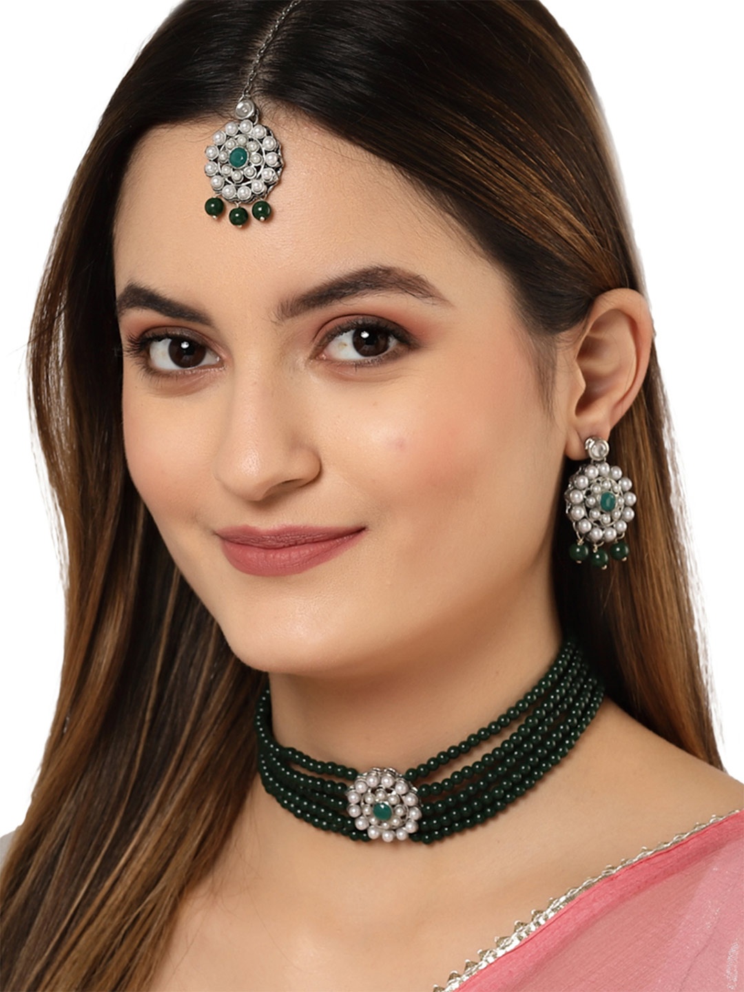 

KARATCART Silver-Plated & Green Kundan-Studded Oxidized Jewellery Set