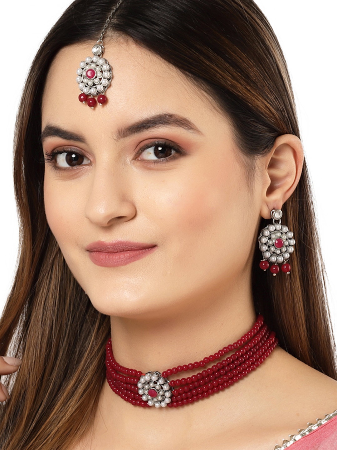 

KARATCART Silver-Plated Oxidised Red Beaded Necklace Set