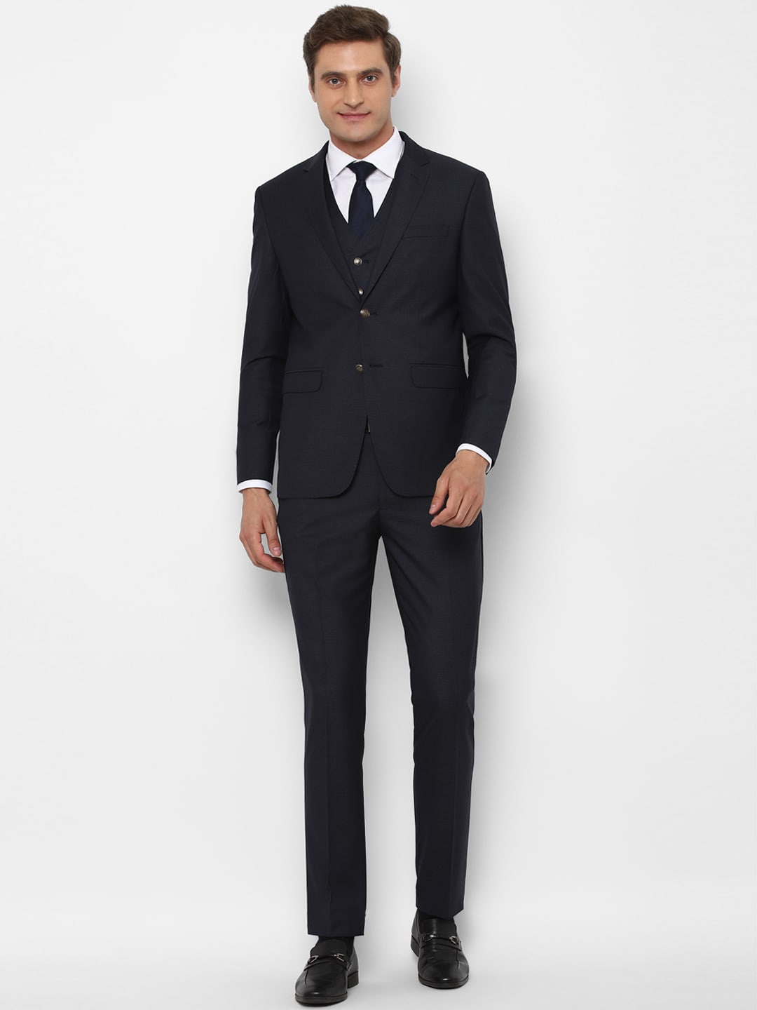 

Allen Solly Men Navy-Blue Self-Design Slim-Fit 3-Piece Single-Breasted Formal Suit