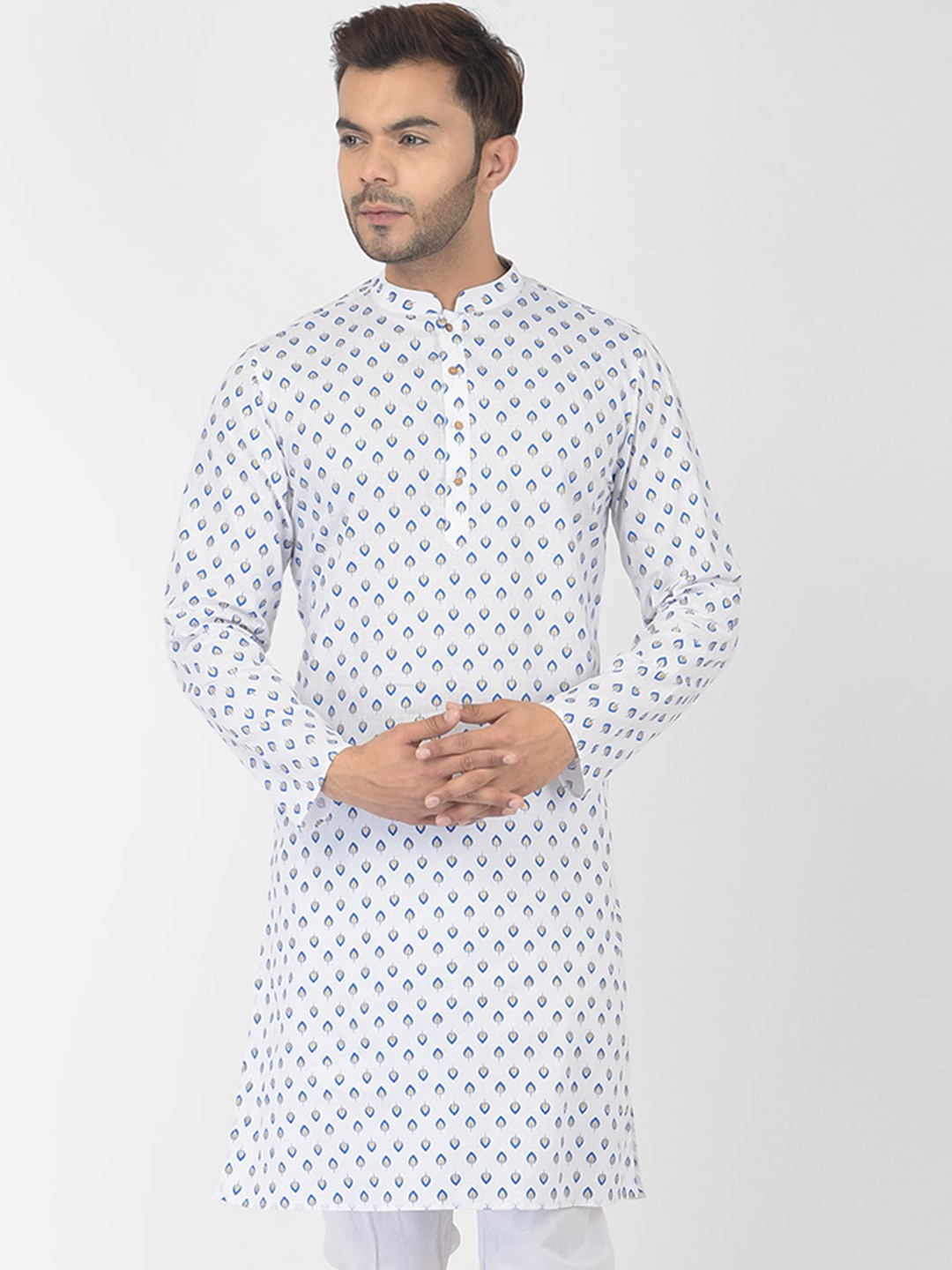 

DEYANN Men White & Blue Printed Kurta
