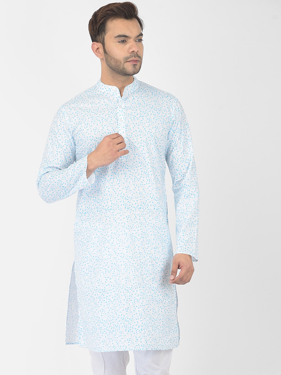 

DEYANN Men White & Blue Printed Kurta
