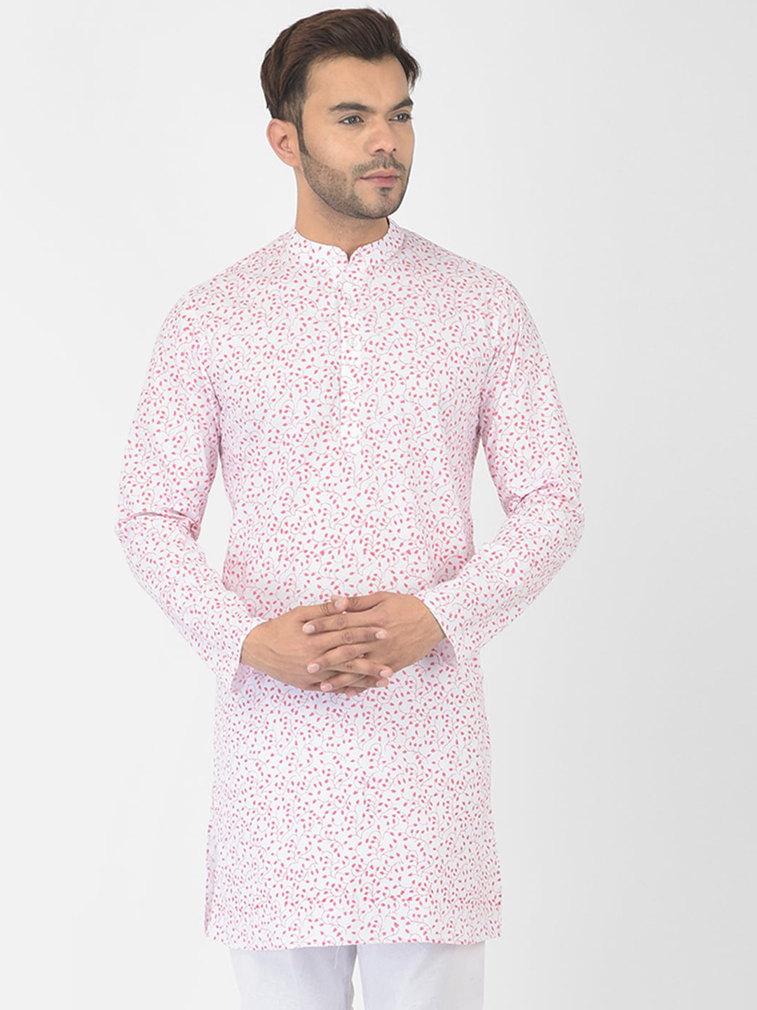 

DEYANN Men White & Pink Floral Printed Kurta