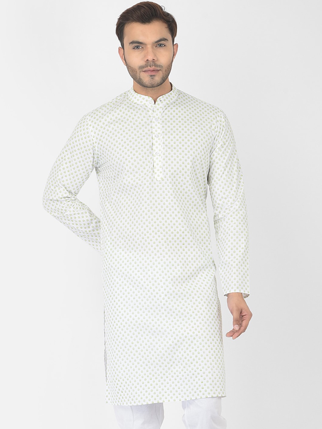 

DEYANN Men White & Green Ethnic Motifs Printed Kurta