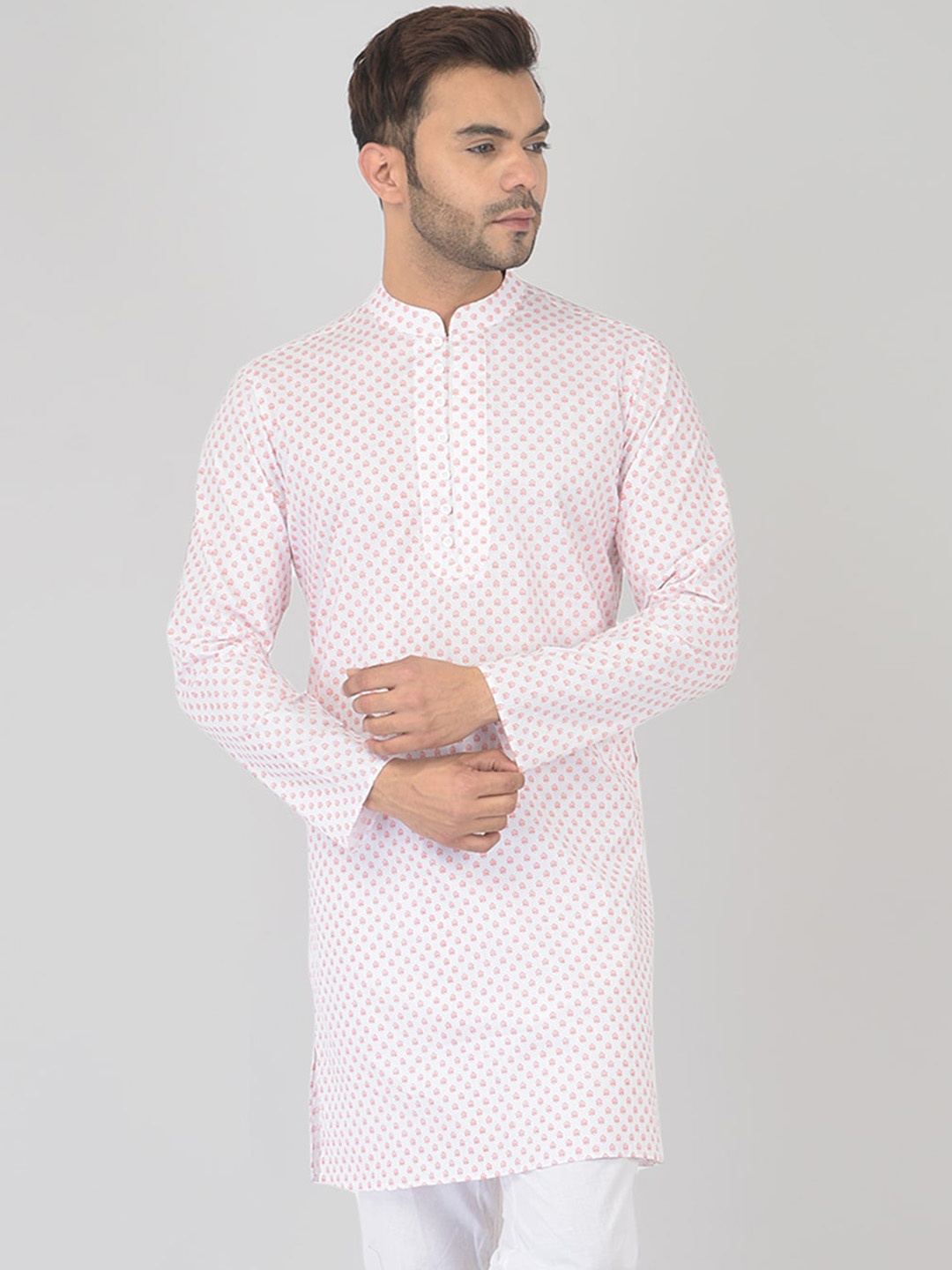 

DEYANN Men White & Orange Ethnic Motifs Cotton Printed Kurta