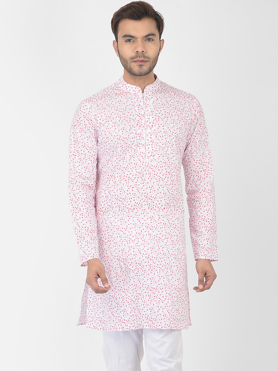 

DEYANN Men White & PinkFloral Printed Kurta