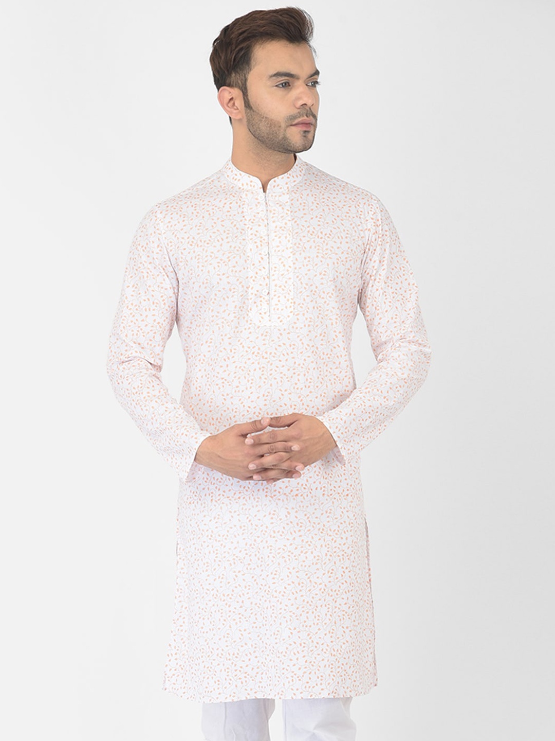 

DEYANN Men White & Orange Floral Printed Kurta