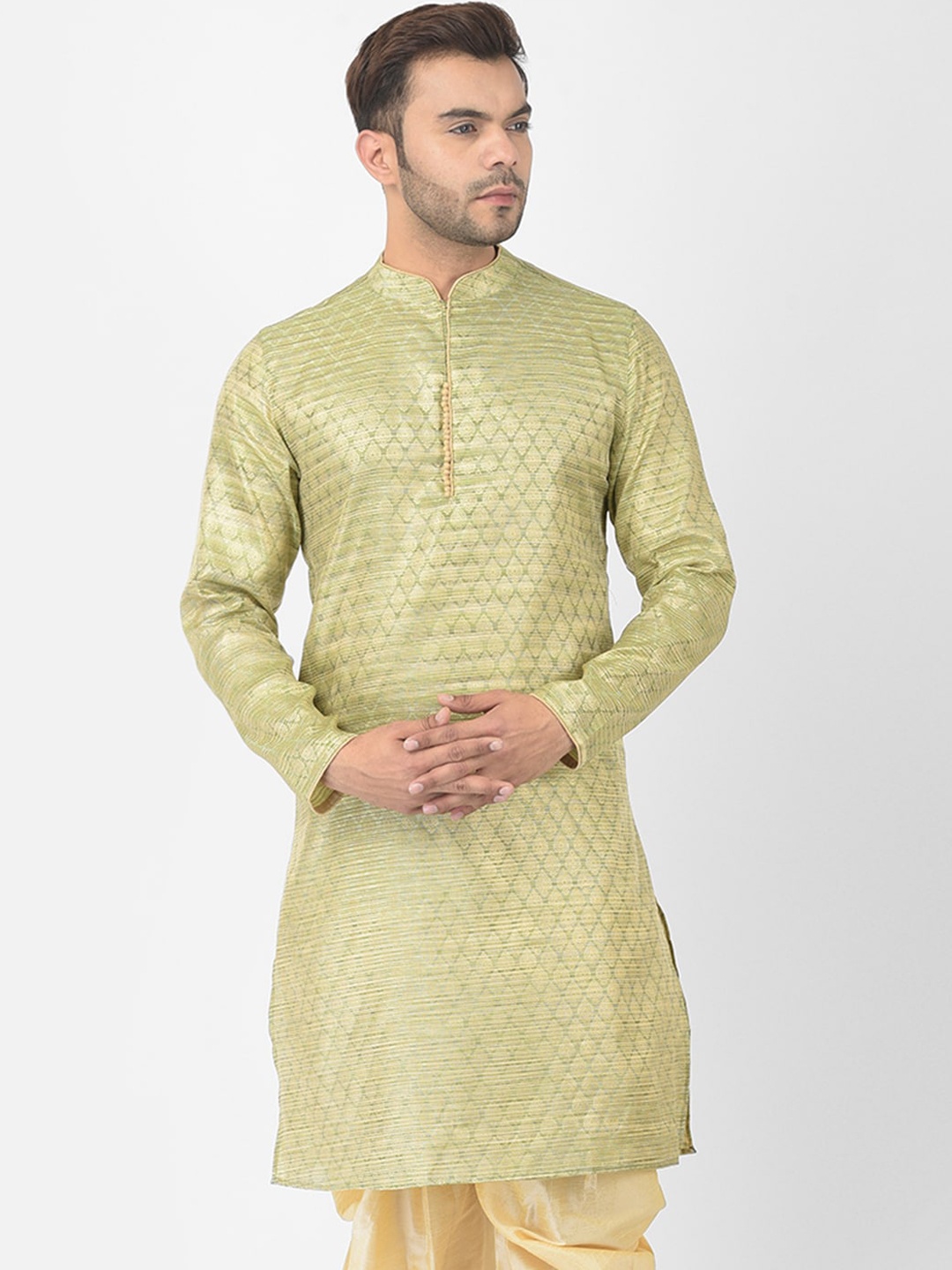 

DEYANN Men Green Woven Design Jacquard Kurta