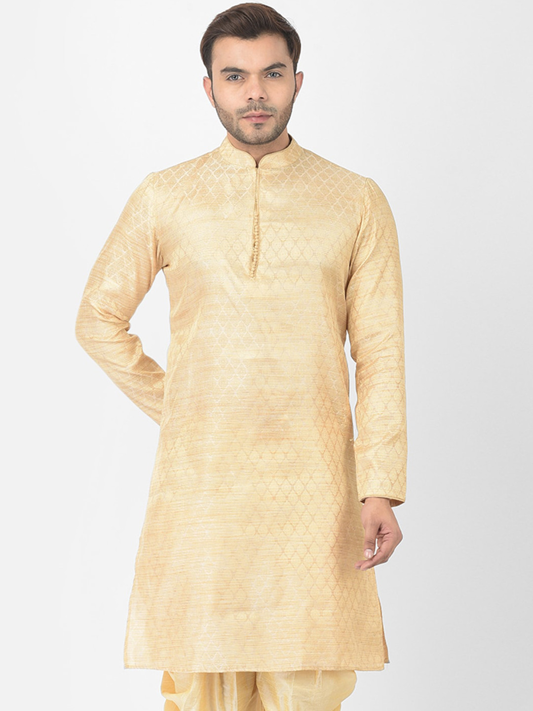 

DEYANN Men Cream-Coloured Solid Jacquard Kurta