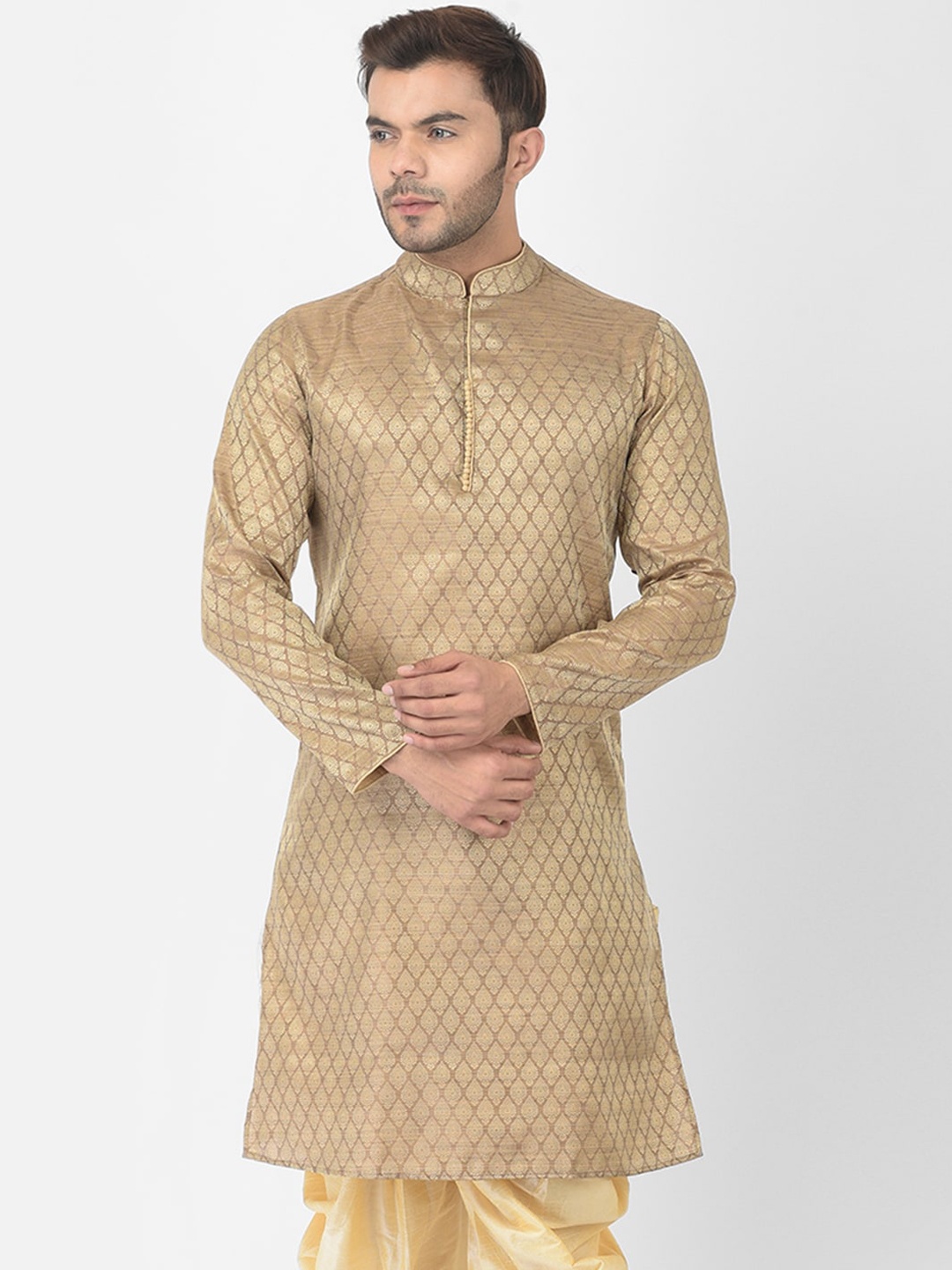 

DEYANN Men Brown & Gold-Toned Woven Design Thread Work Jacquard Kurta