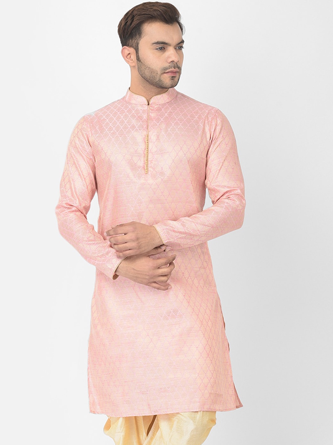 

DEYANN Men Pink Woven Design Jacquard Kurta