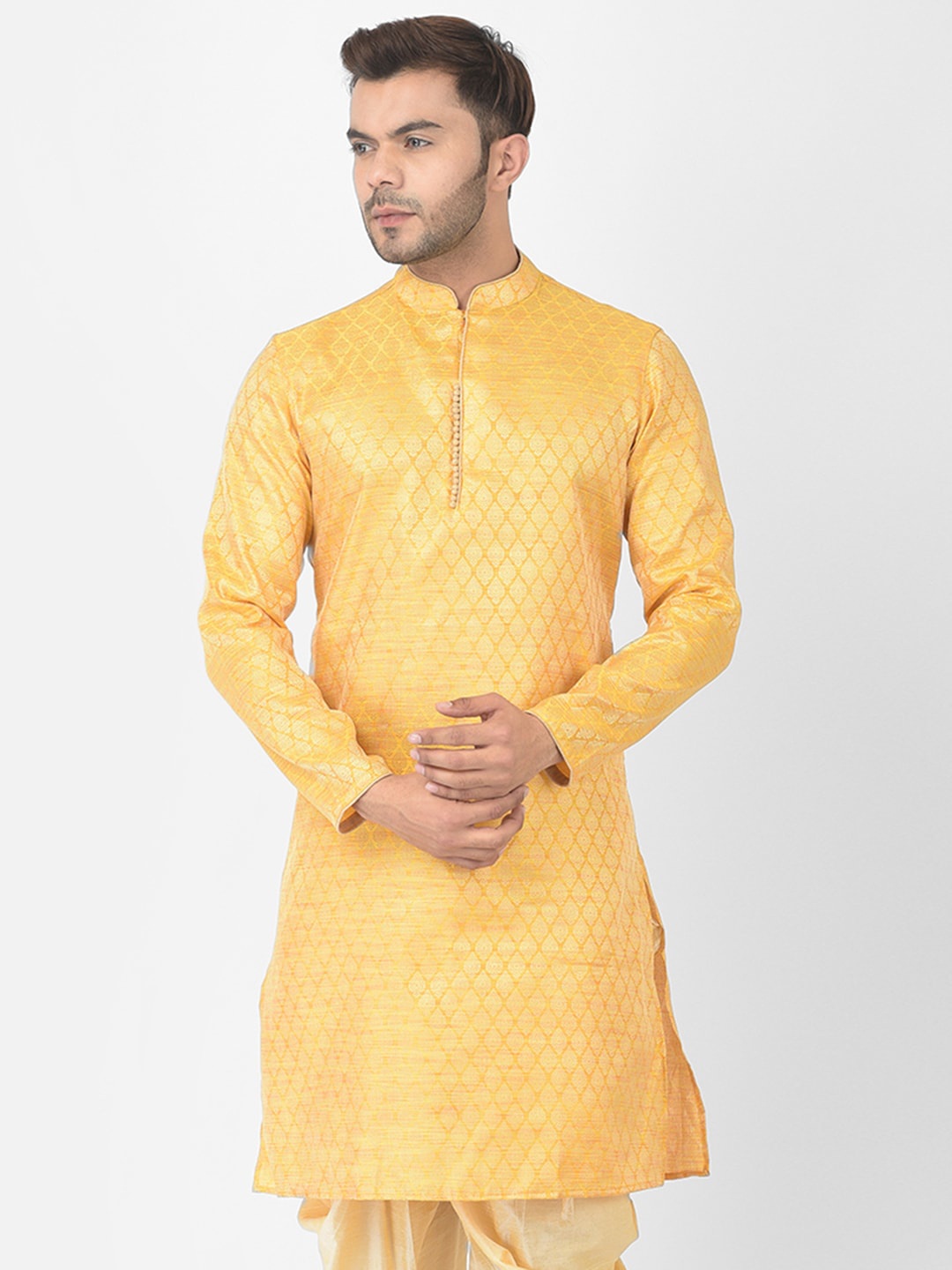 

DEYANN Men Yellow Geometric Jacquard A-line Kurta