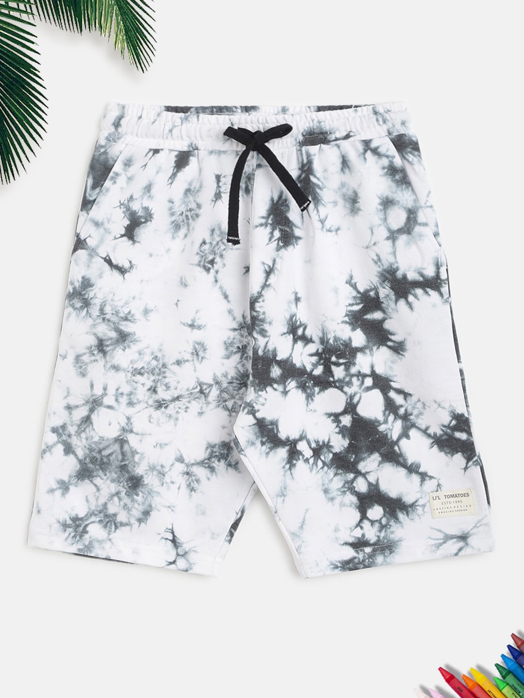 

Lil Tomatoes Boys White Tie and Dye Printed 100% Cotton Outdoor Shorts