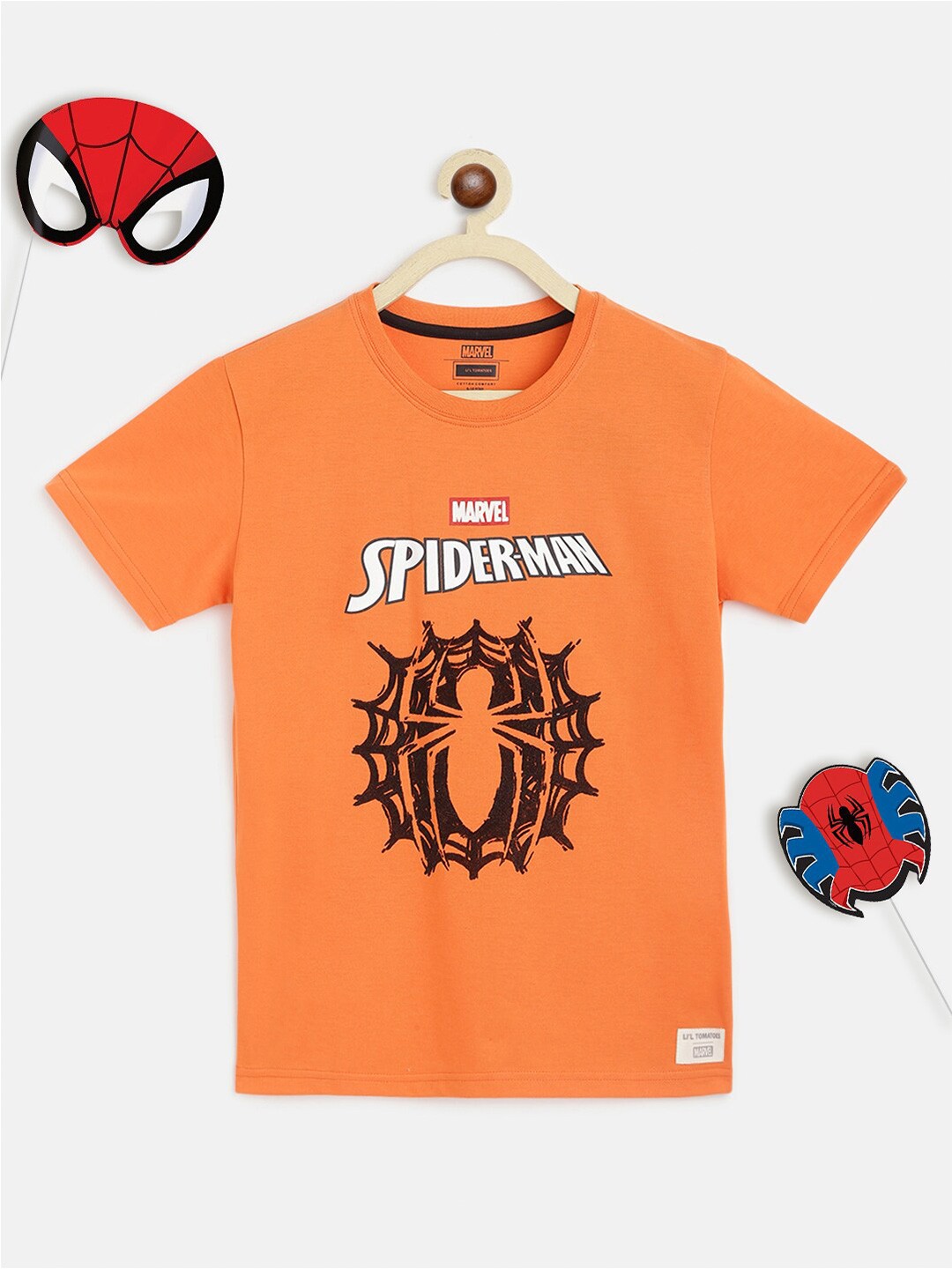 Lil Tomatoes Boys Orange Spider-Man Printed Outdoor T-shirt