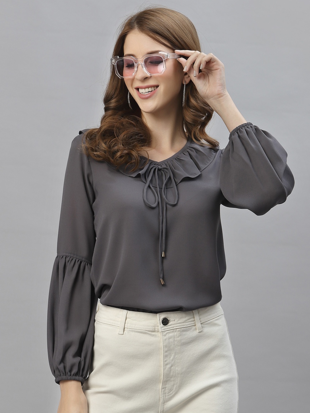 

Style Quotient Grey Tie-Up Neck Crepe Top
