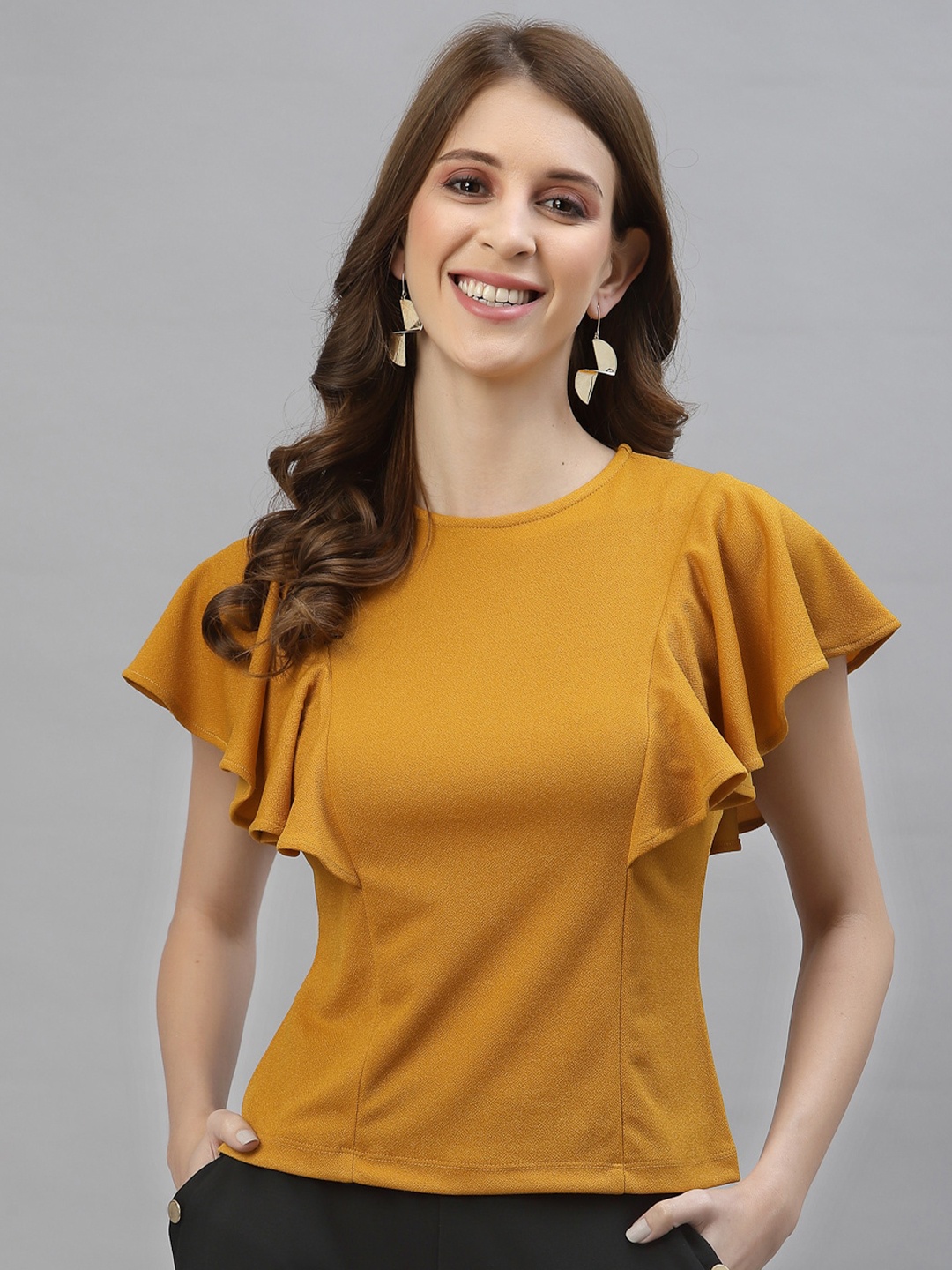 

Style Quotient Women Mustard Yellow Solid Flutter Sleeve Top
