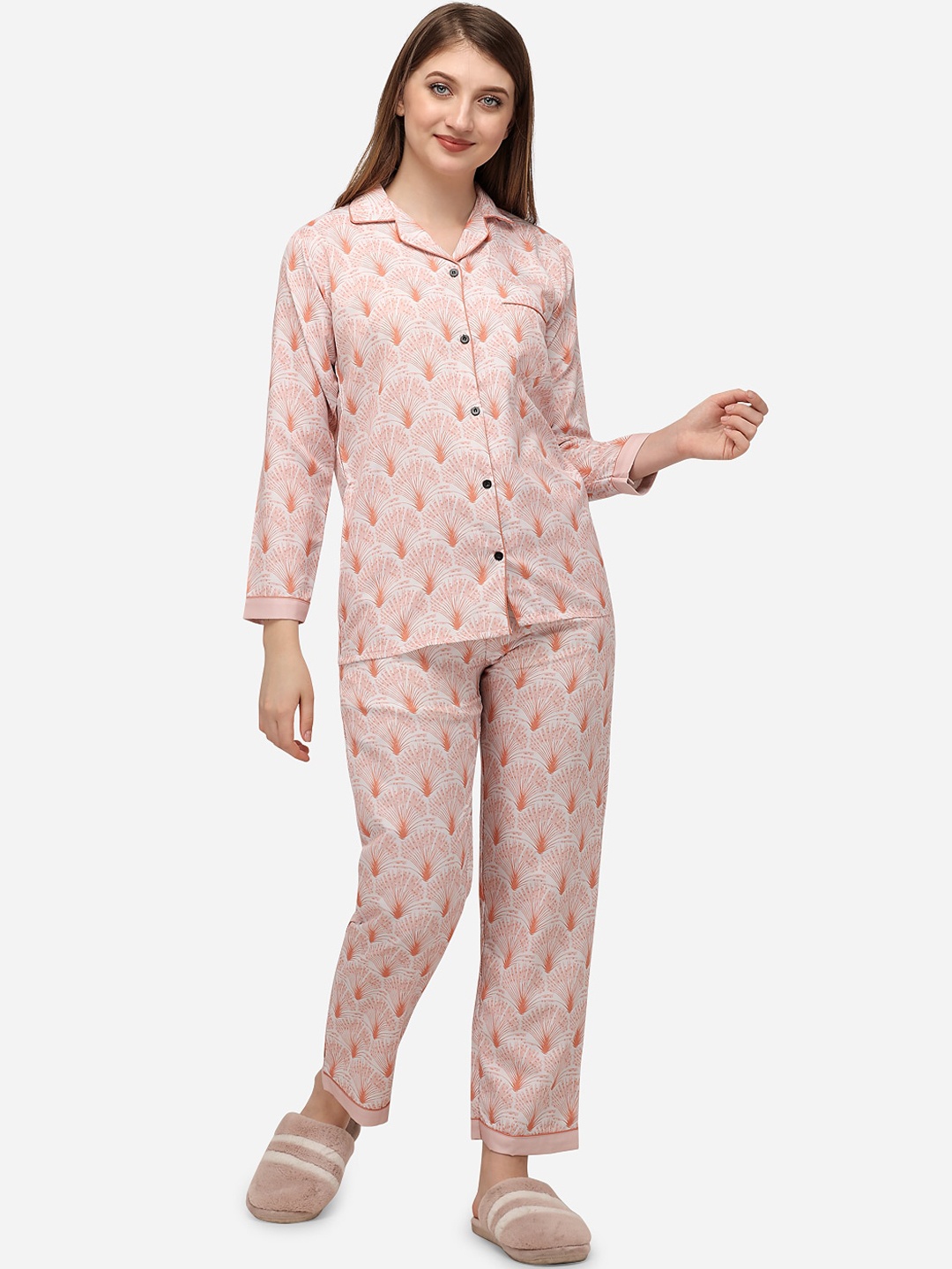 

House of JAMMIES Women Peach-Coloured & White Printed Night suit