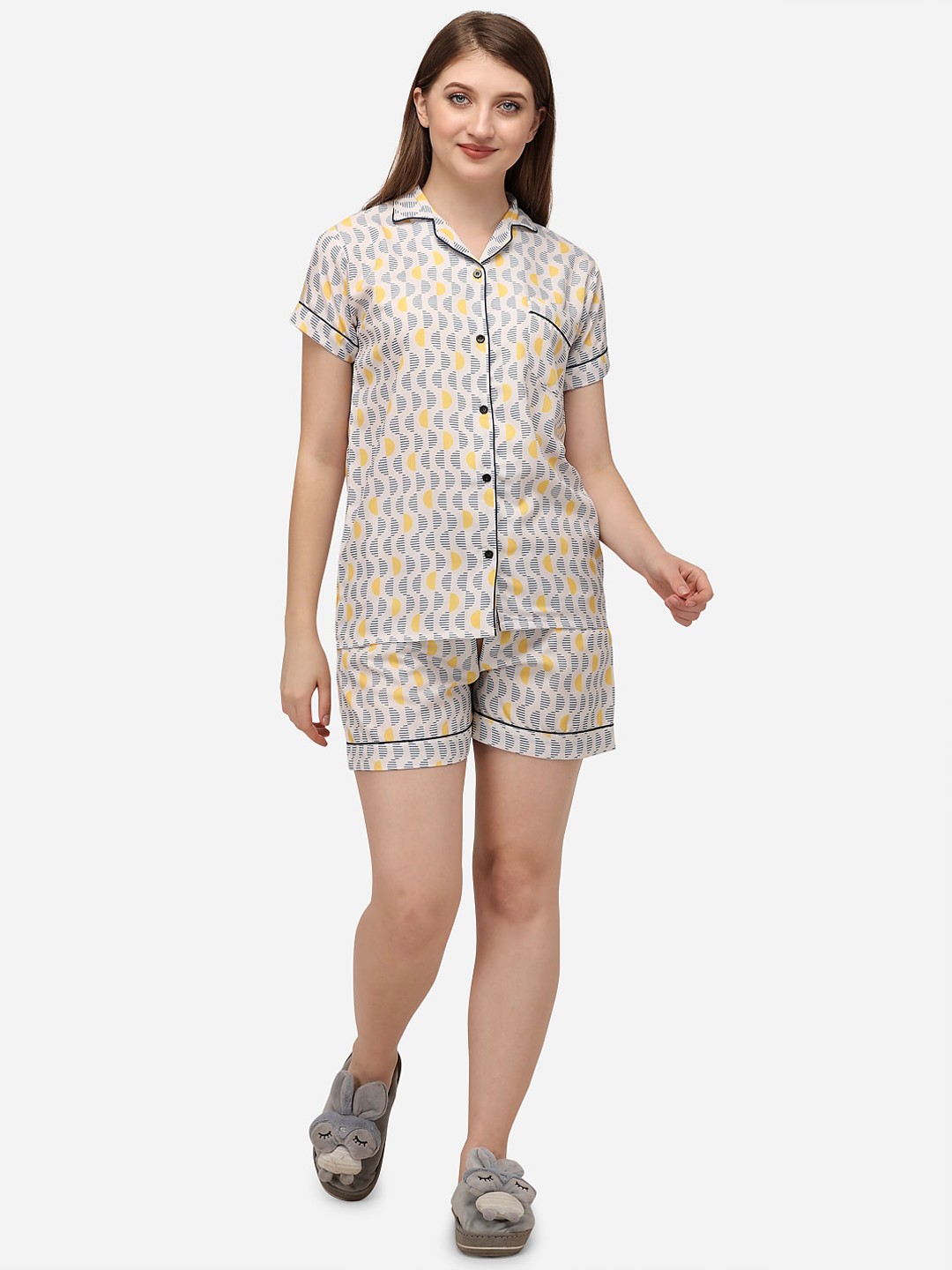 

House of JAMMIES Women Blue & Yellow Printed Night suit