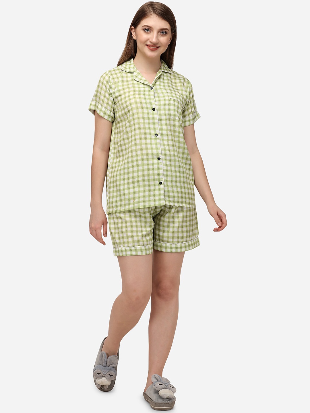 

House of JAMMIES Women Green & White Checked Shorts Night suit