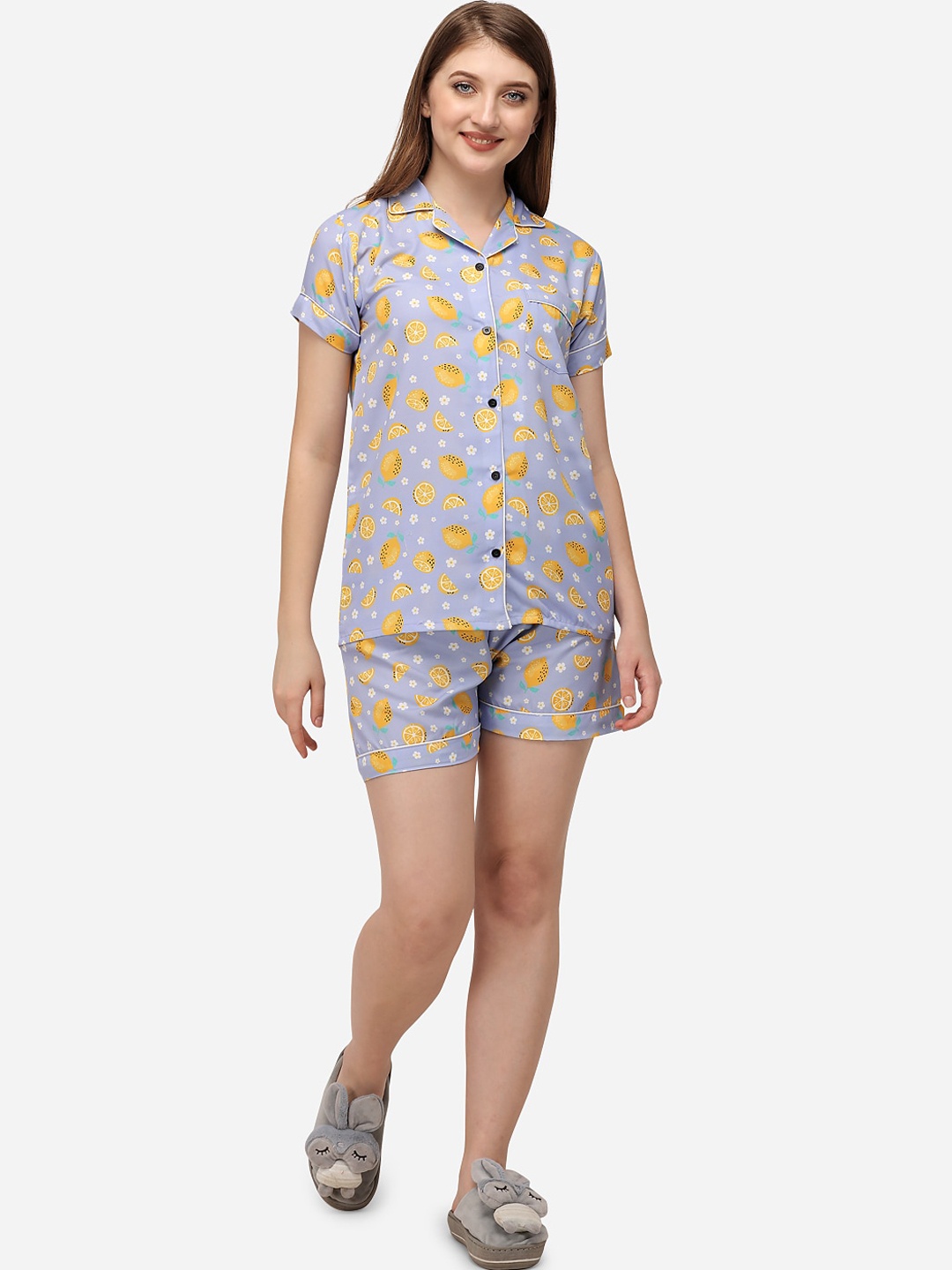 

House of JAMMIES Women Blue & Yellow Printed Night Suit