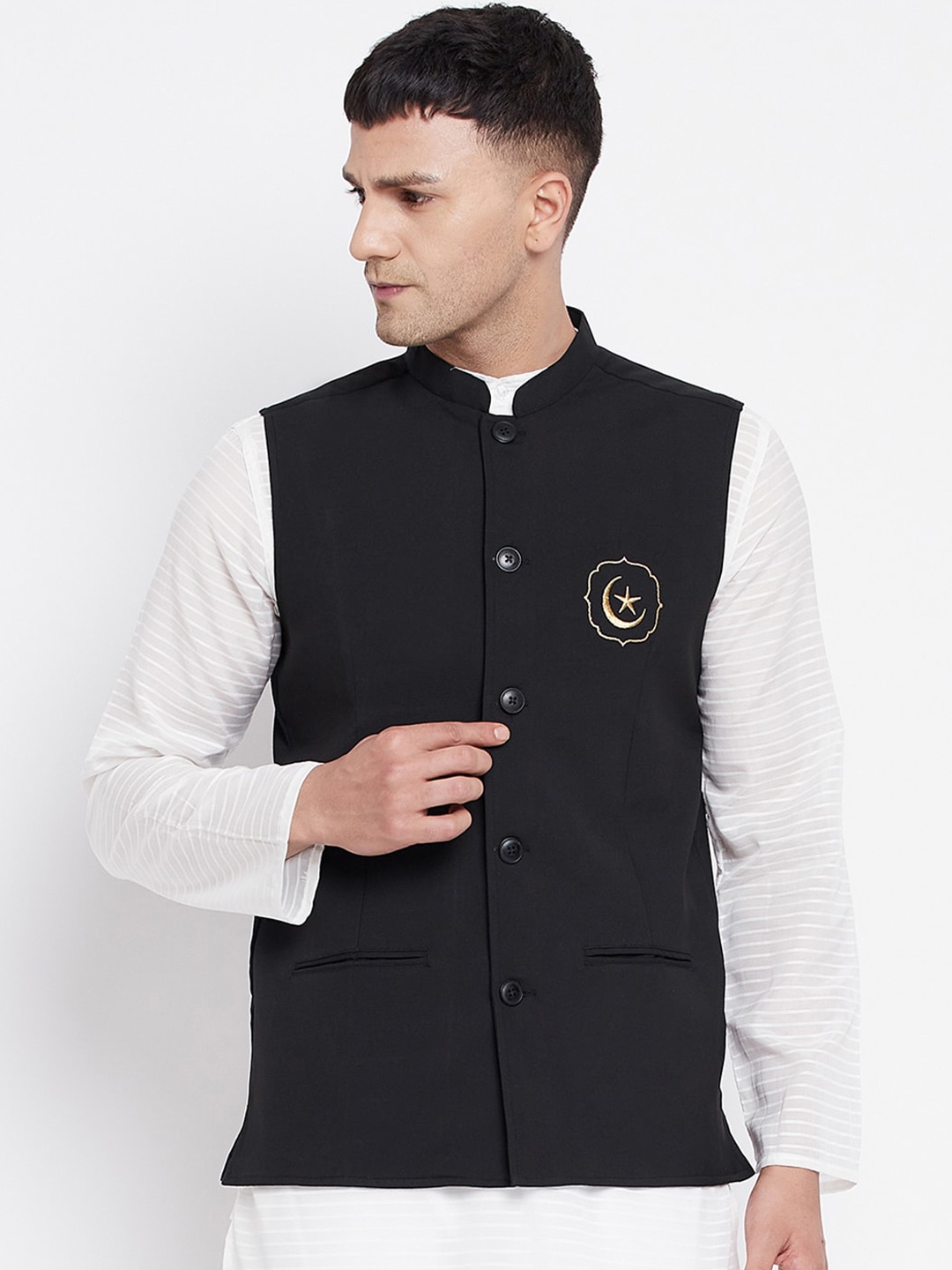 

even Men Black Eid Insignia Embroidered Woven Nehru Jackets