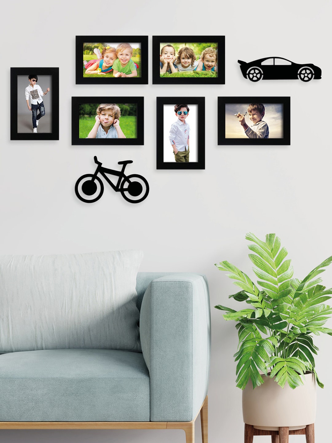 

RANDOM Set Of 6 Black Solid Photo Frames With Car & Cycle Shaped Plaques