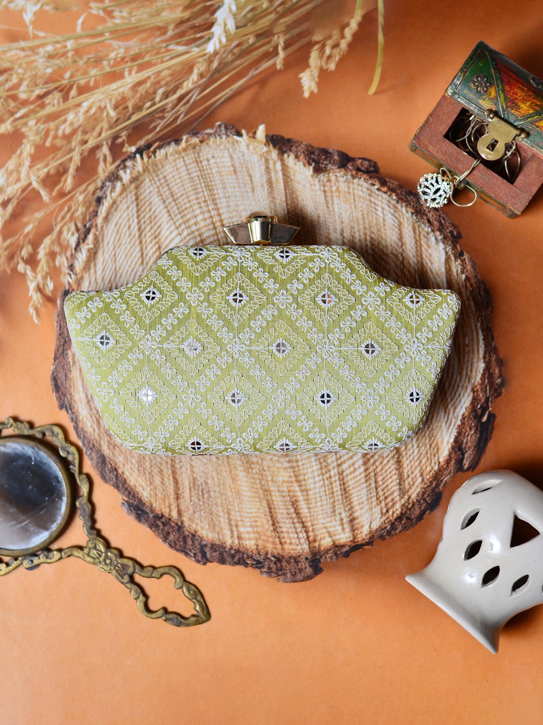 

ARTKLIM Yellow Embroidered Box Clutch