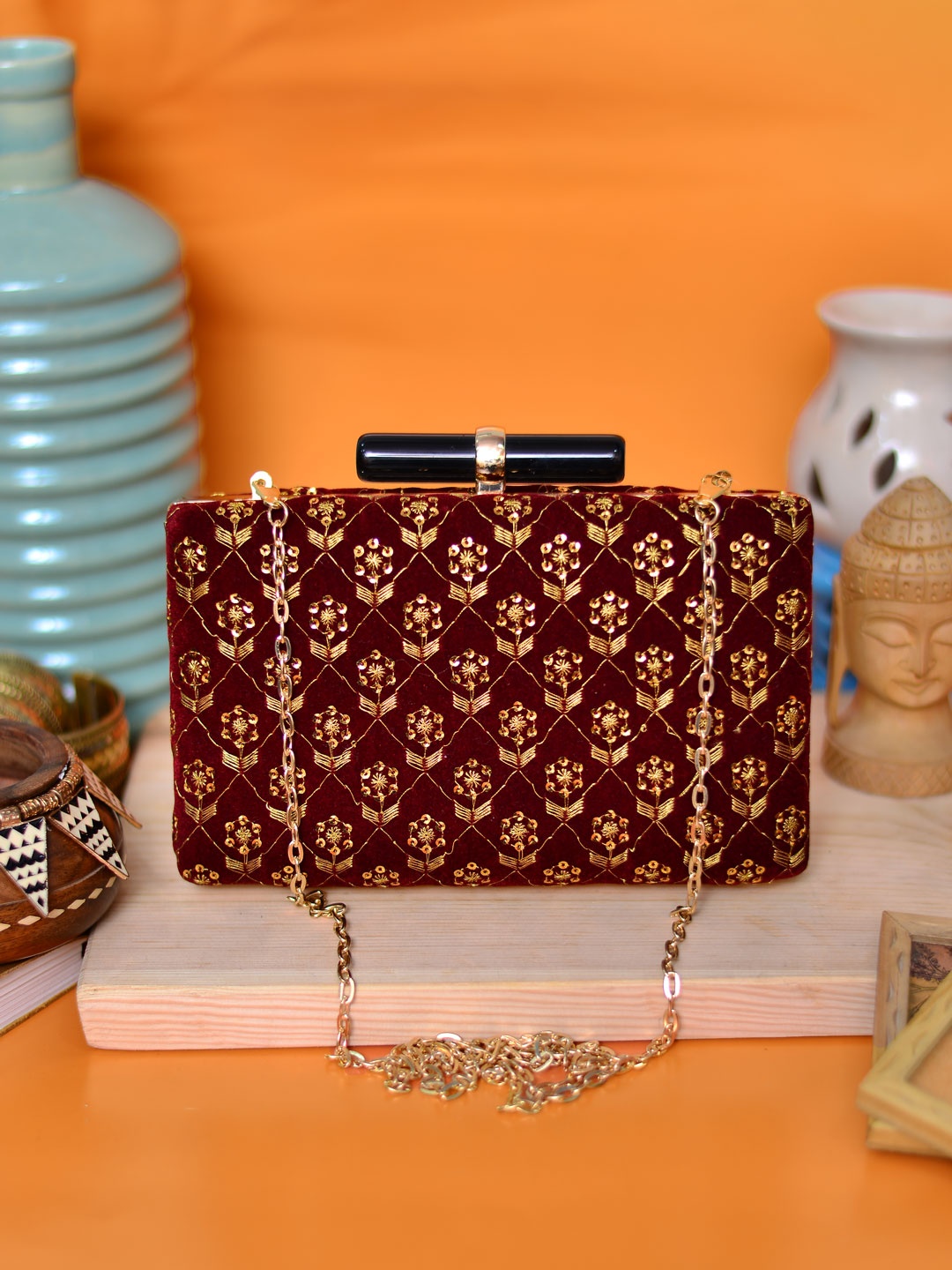 

ARTKLIM Women Maroon & Gold Embroidered Box Clutch