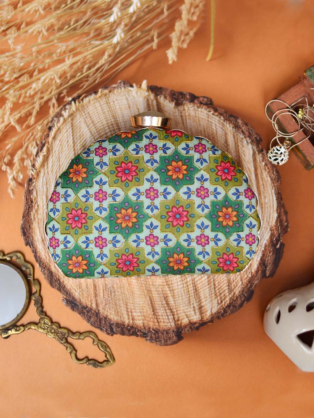

ARTKLIM Green & White Printed Embroidered Box Clutch
