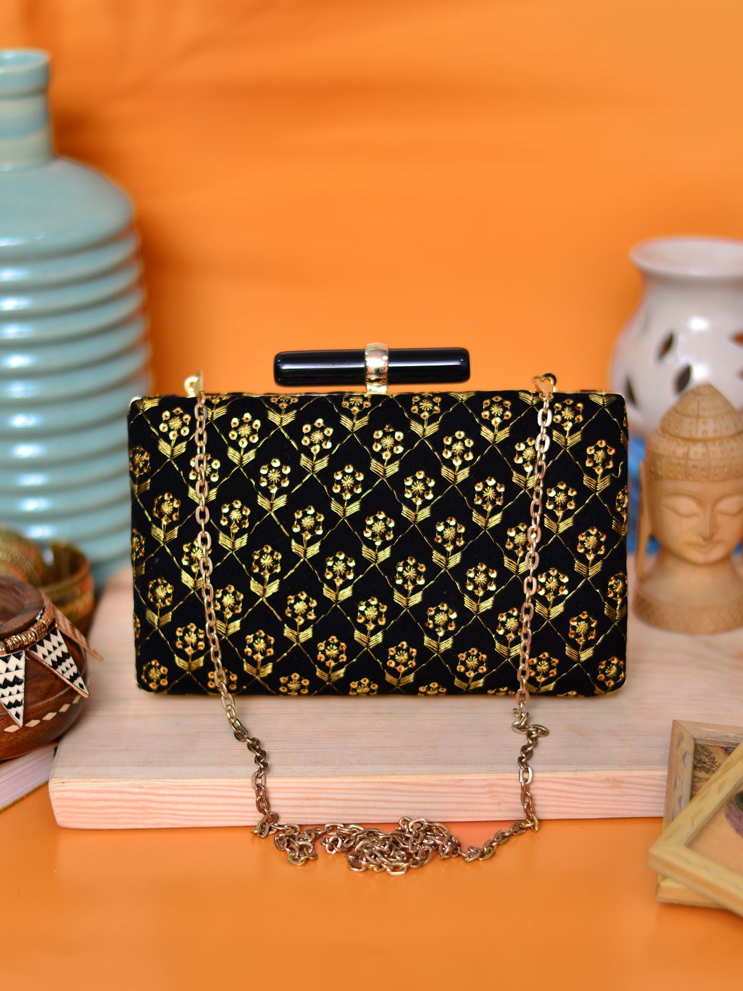 

ARTKLIM Black & Gold-Toned Embroidered Box Clutch